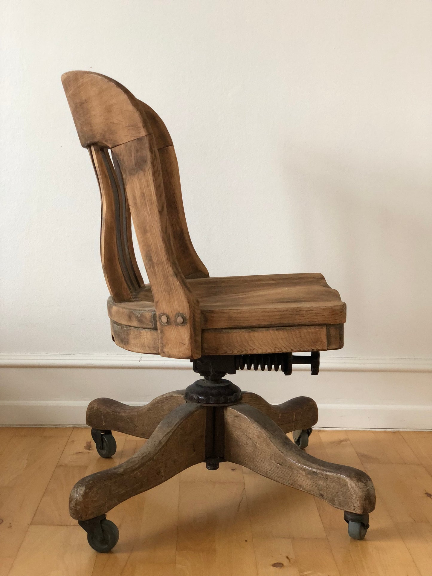 Industrial Oak Swivel Desk Chair with Spindle Back 1920s Germany