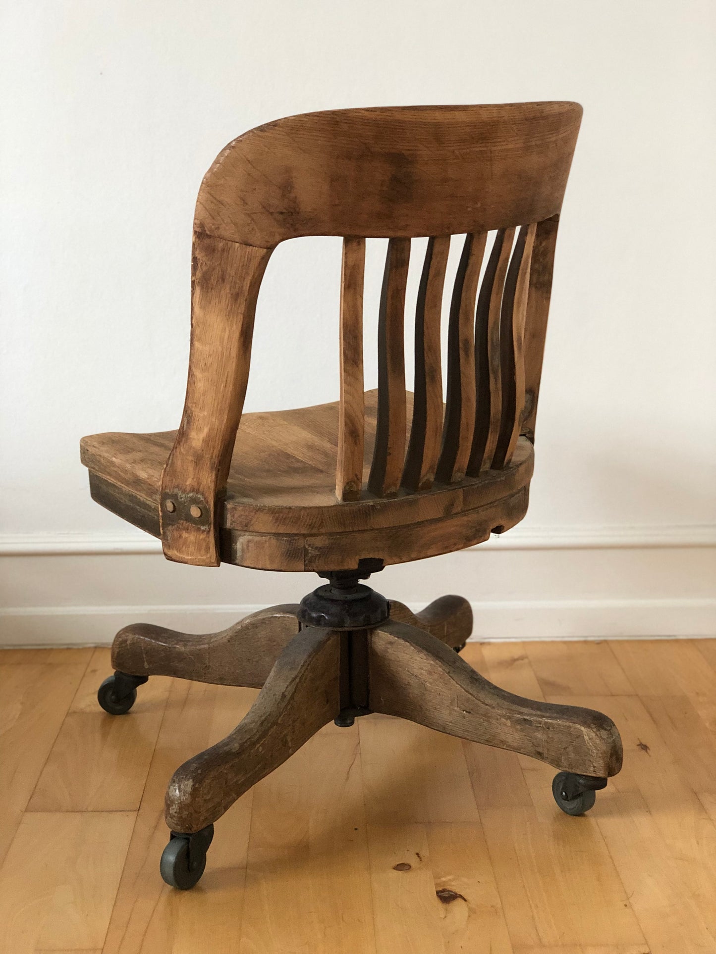 Industrial Oak Swivel Desk Chair with Spindle Back 1920s Germany