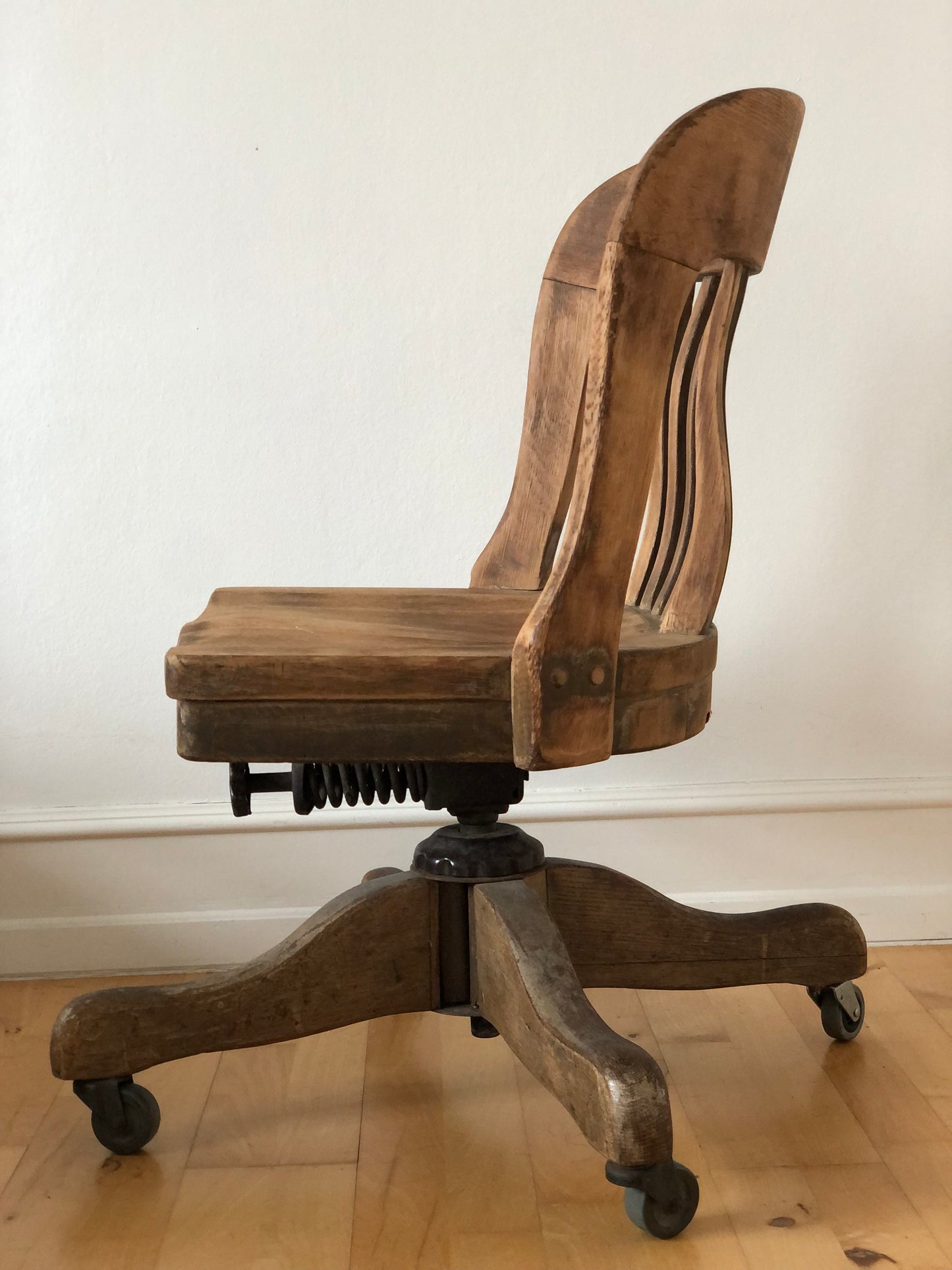 Industrial Oak Swivel Desk Chair with Spindle Back 1920s Germany