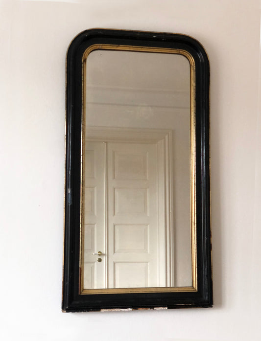 Large Antique French Louis Philippe Full Length Mirror – Black and Gold, Late 19th Century