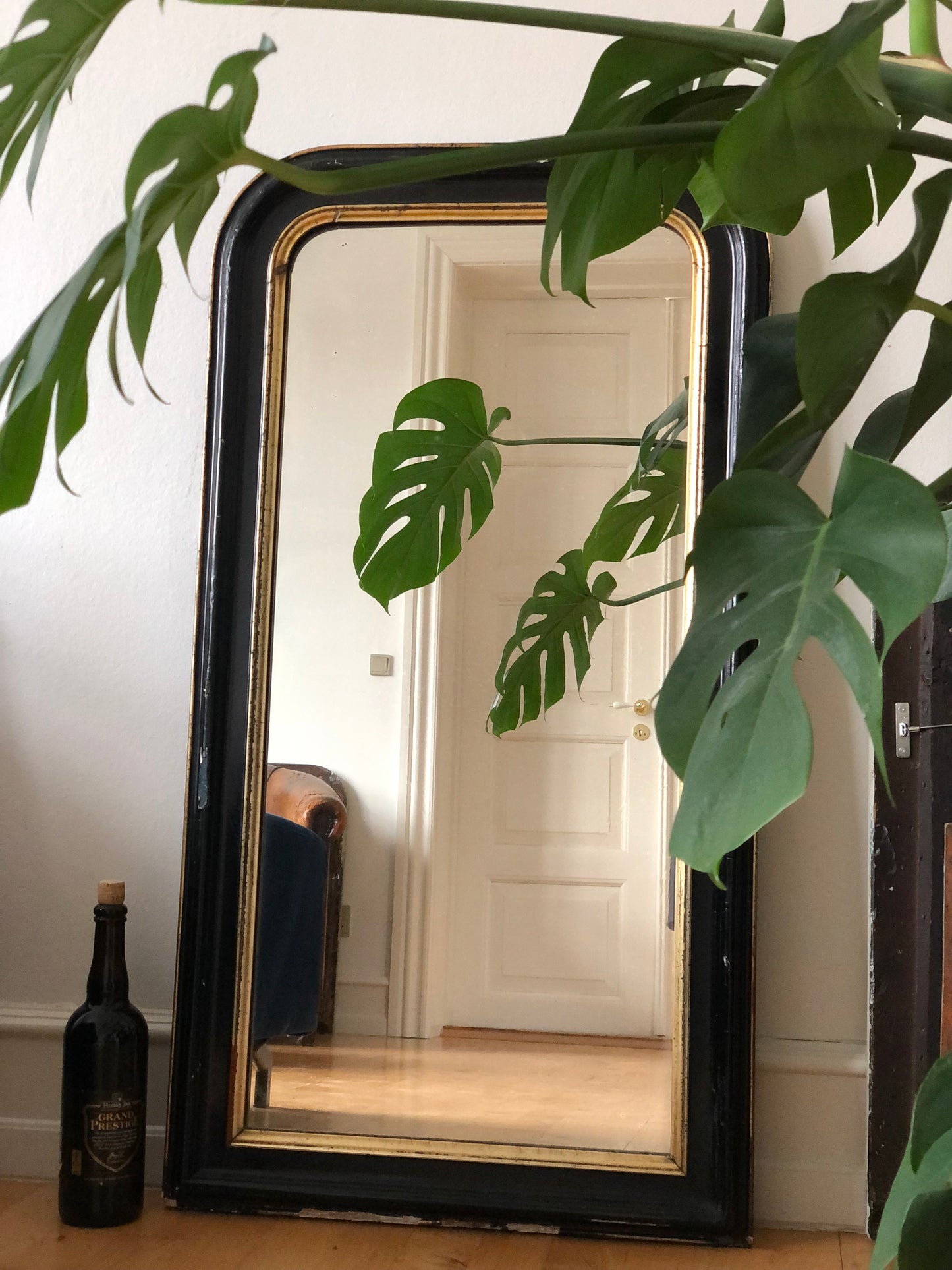 Large Antique French Louis Philippe Full Length Mirror – Black and Gold, Late 19th Century