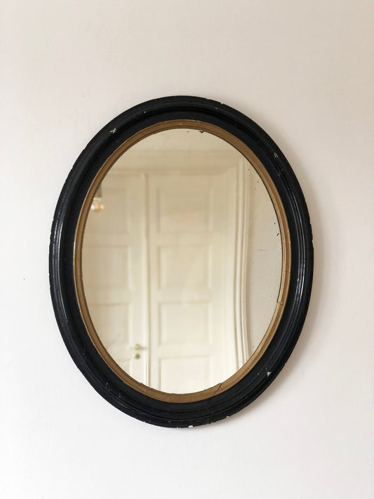 Large Antique French Louis Philippe Oval  Mirror – Black and Gold, Late 19th Century
