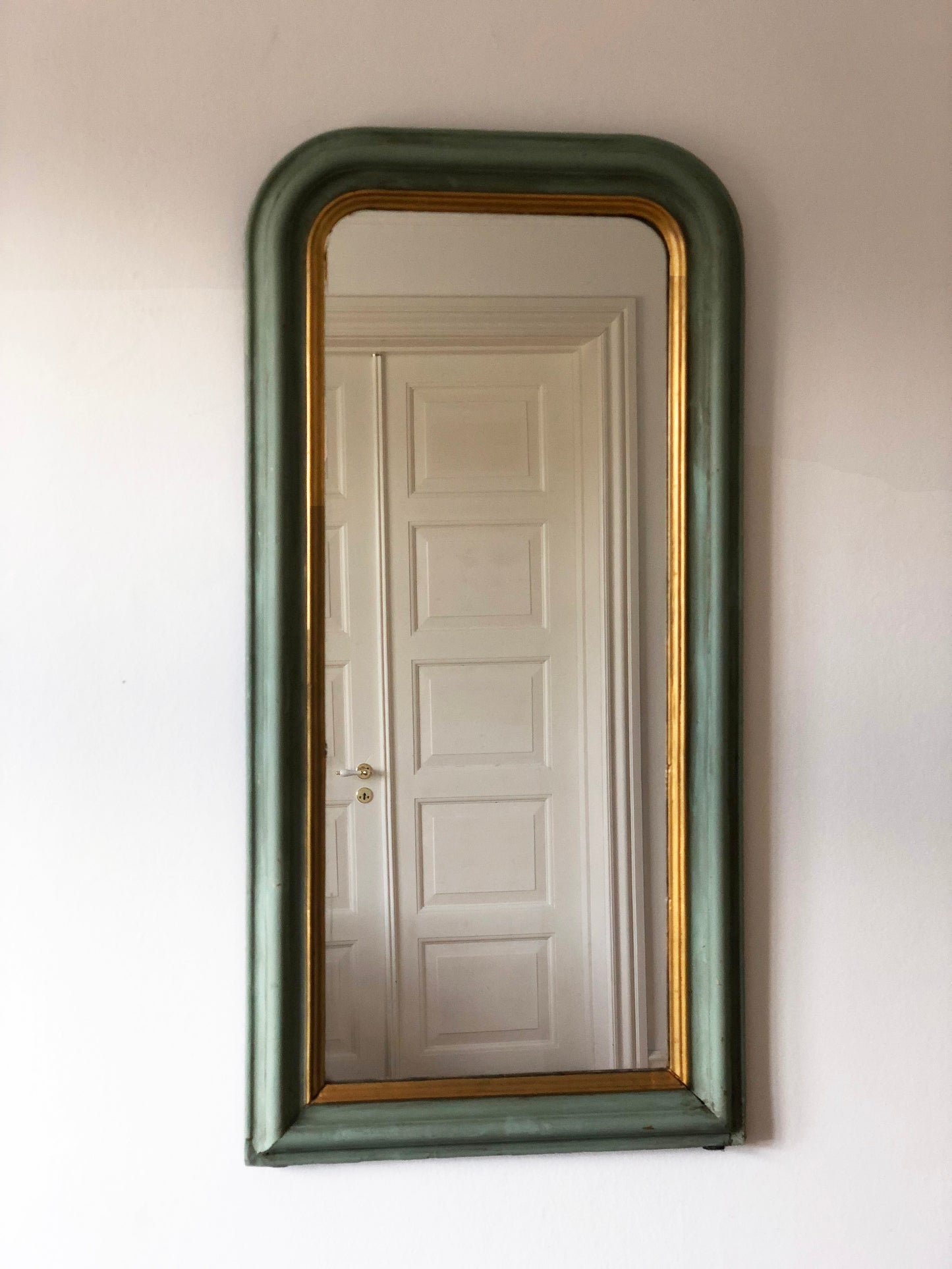 Large Antique Louis Philippe French Full length Mirror in Green and Gold, Late 19th Century