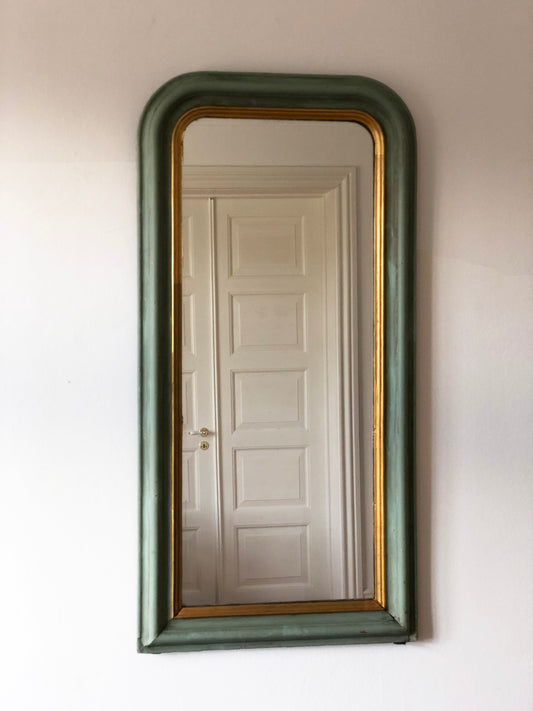 Large Antique Louis Philippe French Full length Mirror in Green and Gold, Late 19th Century