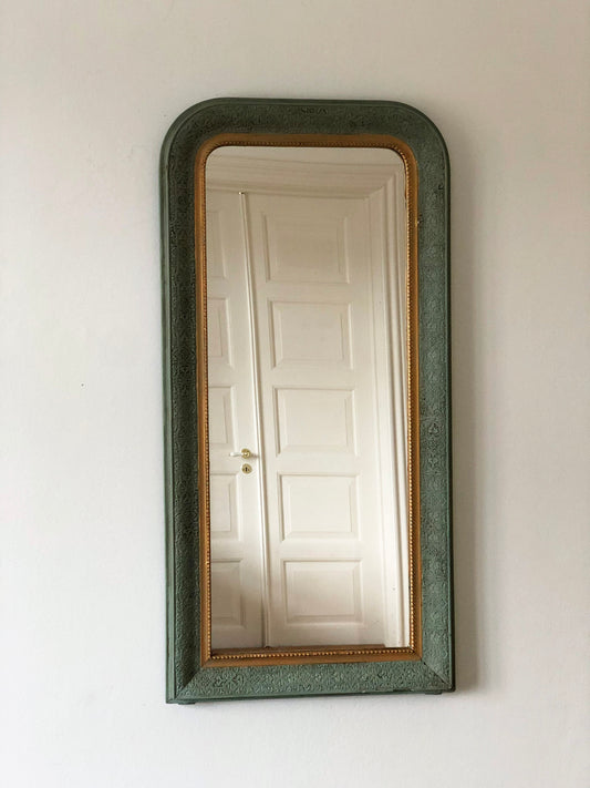 Antique Louis Philippe French Full Length Mirror, Green and Gold, Late 19th Century