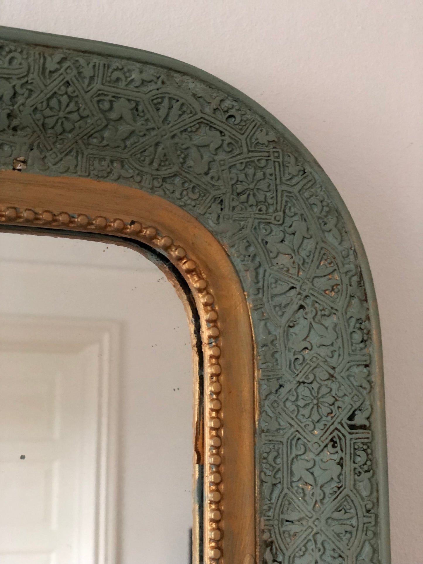Antique Louis Philippe French Full Length Mirror, Green and Gold, Late 19th Century