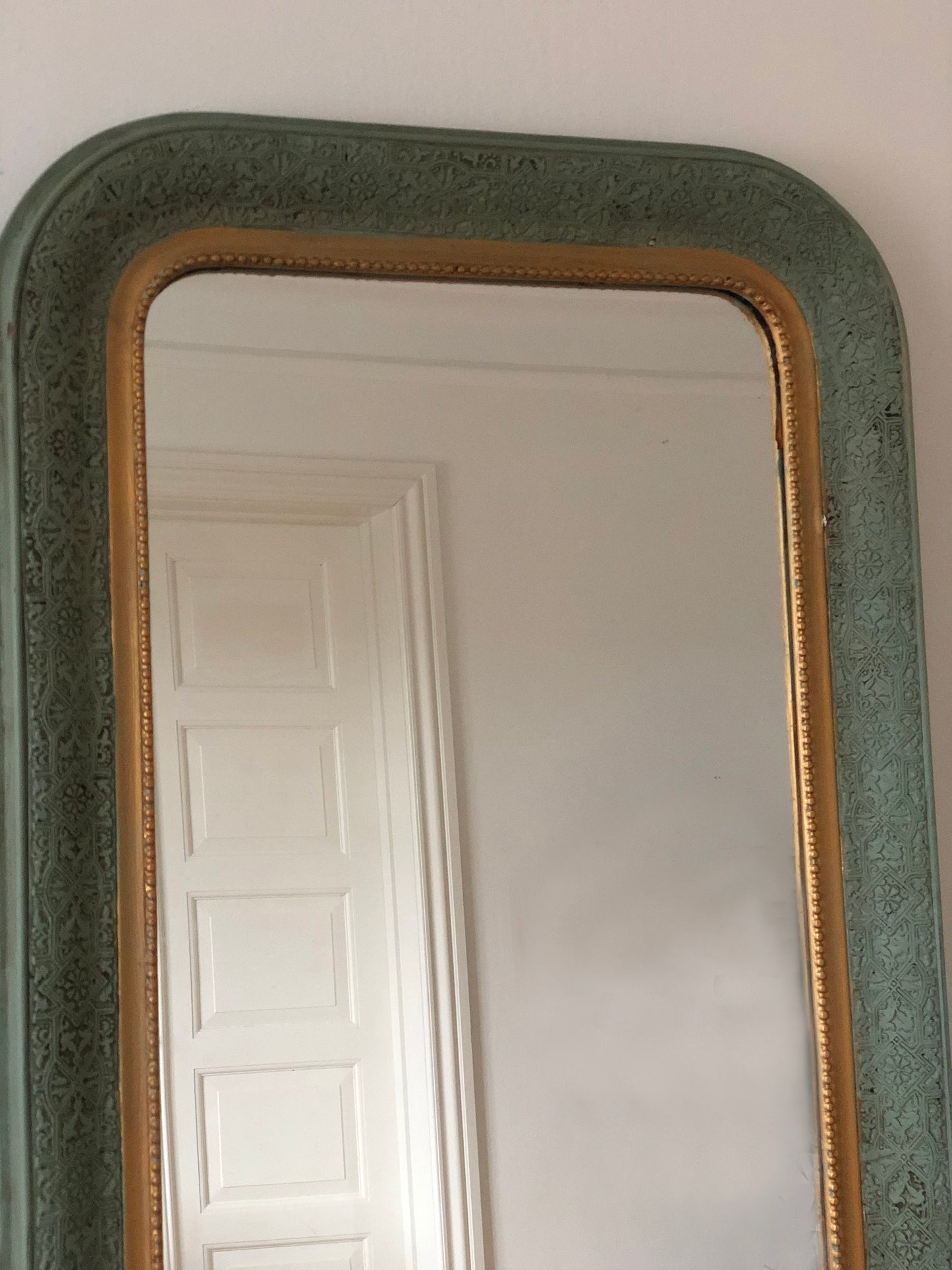 Antique Louis Philippe French Full Length Mirror, Green and Gold, Late 19th Century