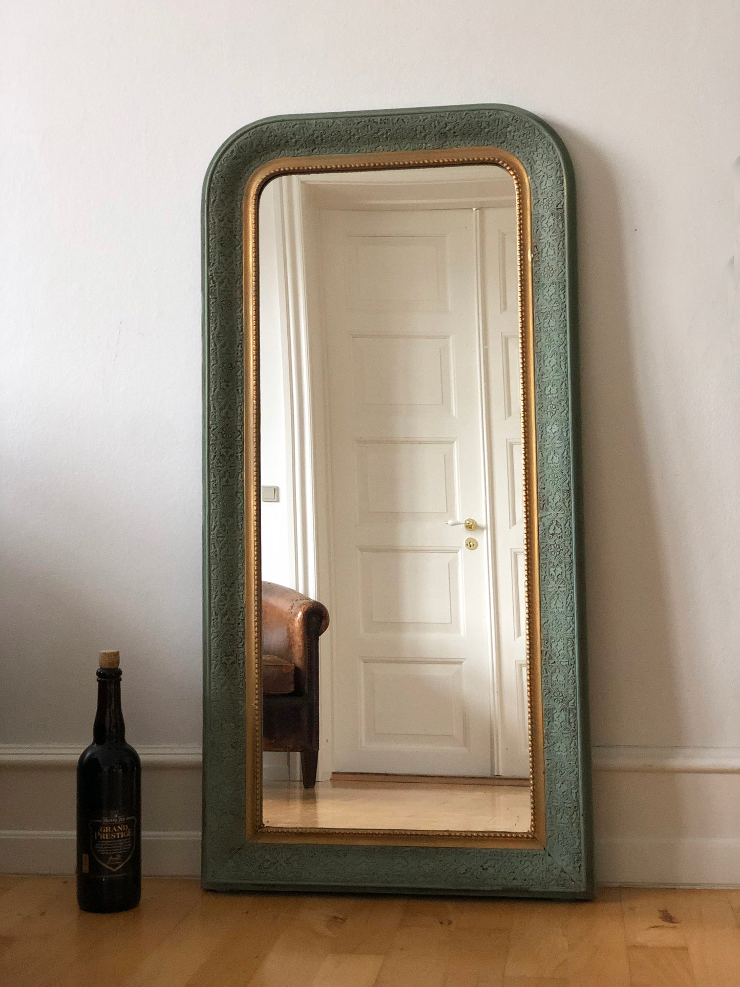 Antique Louis Philippe French Full Length Mirror, Green and Gold, Late 19th Century