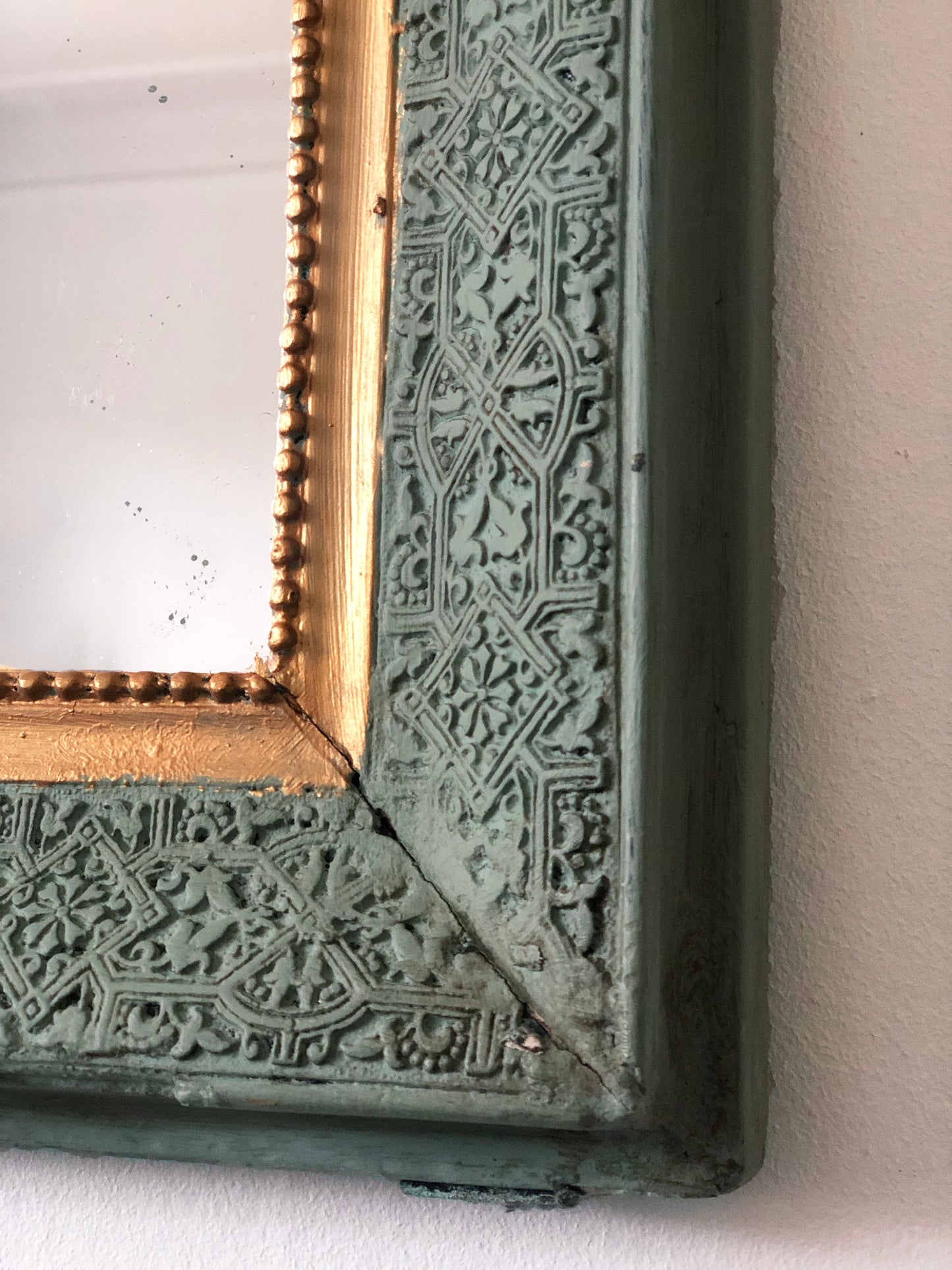 Antique Louis Philippe French Full Length Mirror, Green and Gold, Late 19th Century