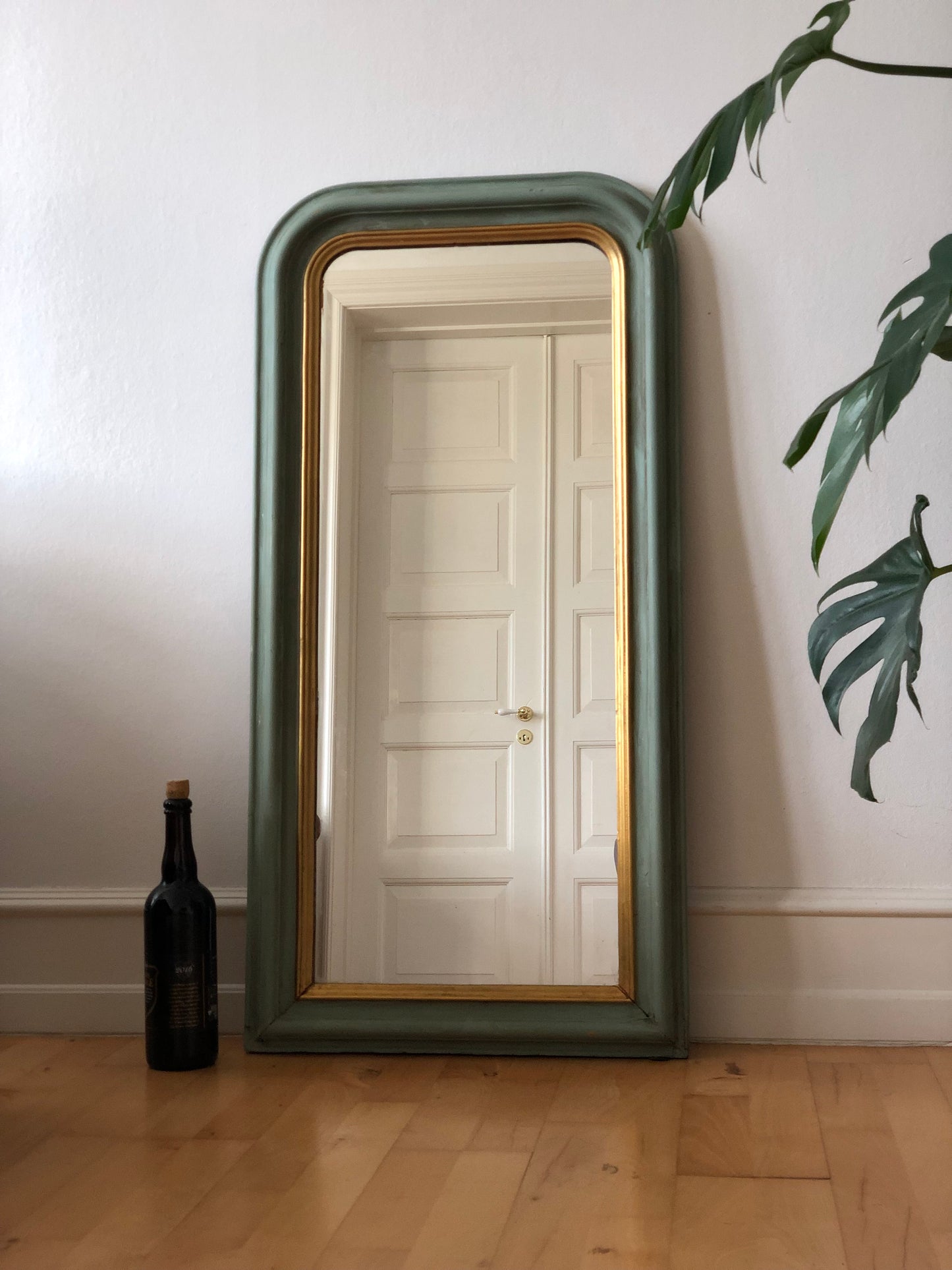 Large Antique Louis Philippe French Full length Mirror in Green and Gold, Late 19th Century