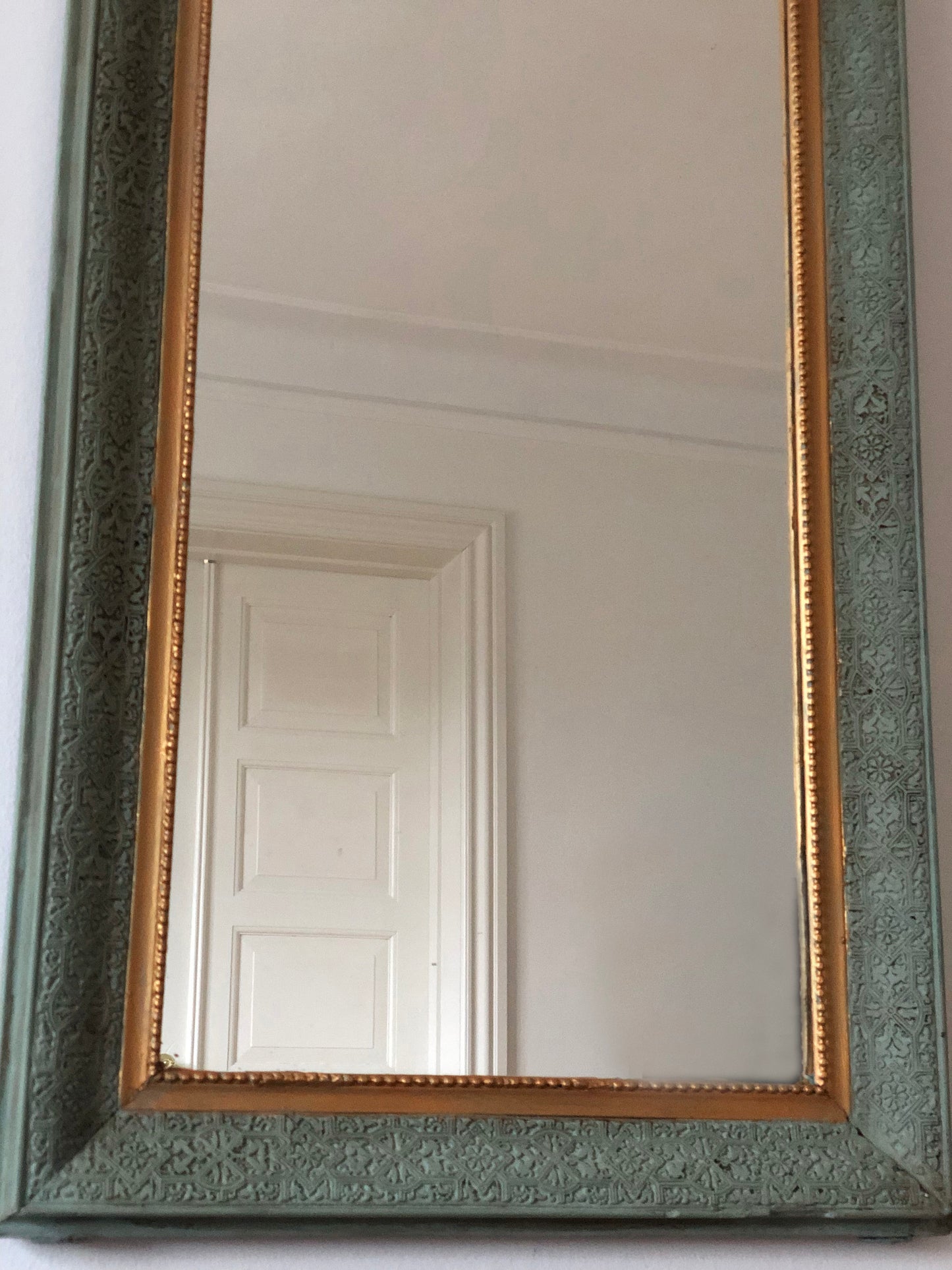 Antique Louis Philippe French Full Length Mirror, Green and Gold, Late 19th Century