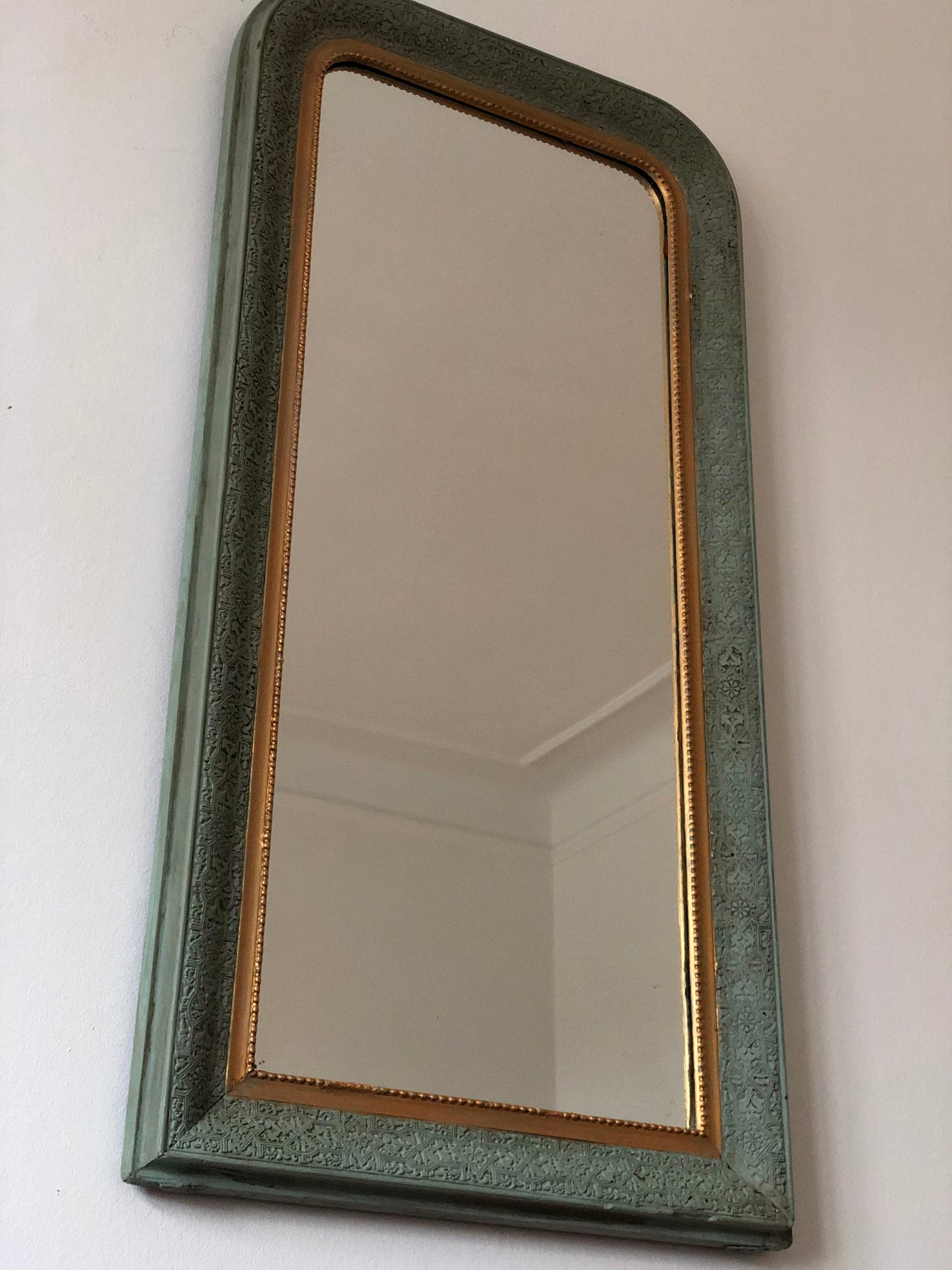 Antique Louis Philippe French Full Length Mirror, Green and Gold, Late 19th Century
