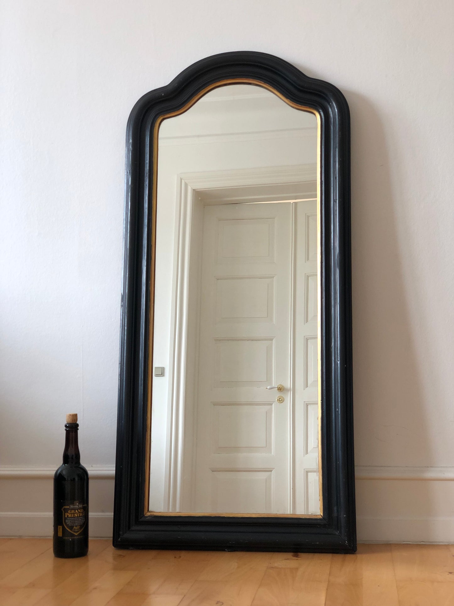 Large Antique Louis Philippe French Full Length Mirror in Black and Gold, Late 19th Century