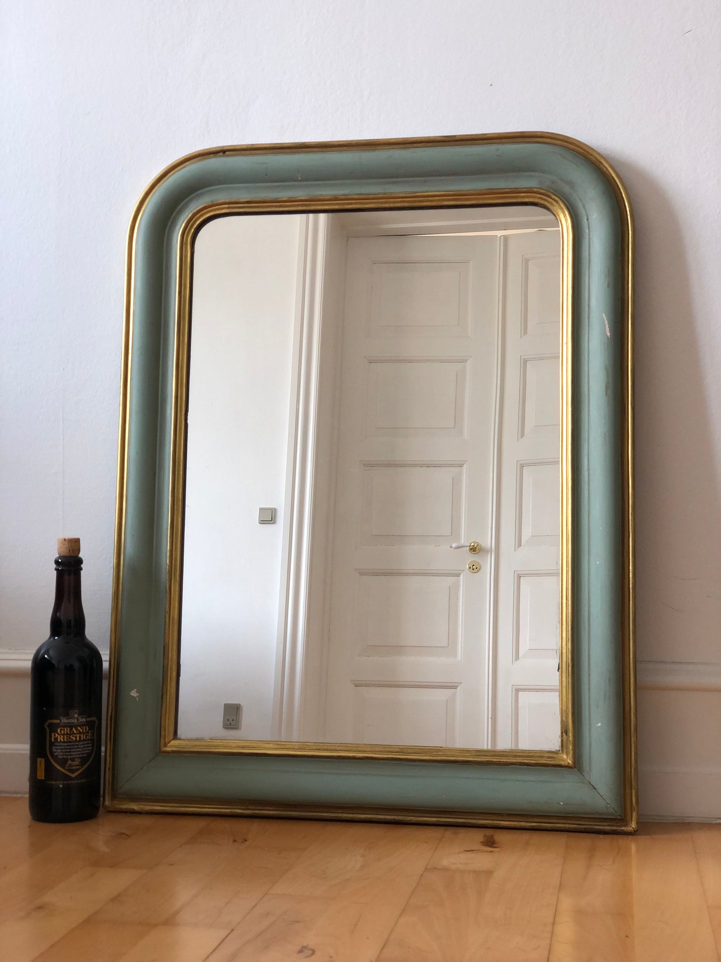 Large Antique Louis Philippe French Mirror in Green and Gold, Late 19th Century