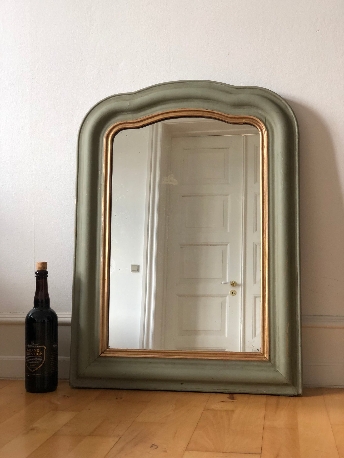 Large Antique Louis Philippe French Mirror in Green and Gold, Late 19th Century