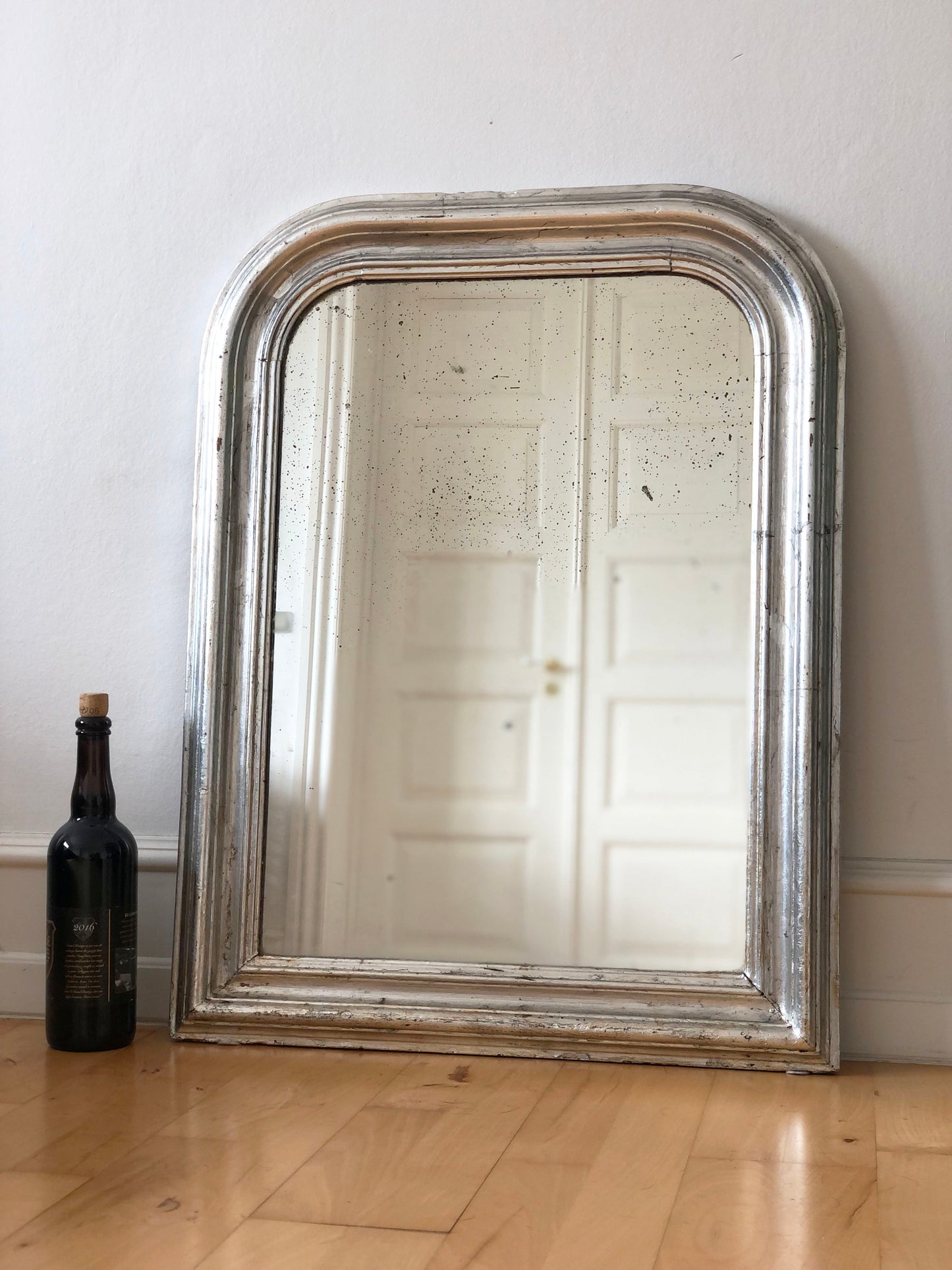 Large Antique Louis Philippe French Mirror in Silver, Late 19th Century
