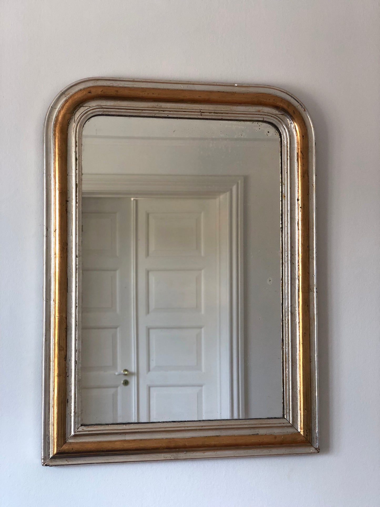 Large Antique Louis Philippe French Giltwood Mirror in Silver and Gold, Late 19th Century