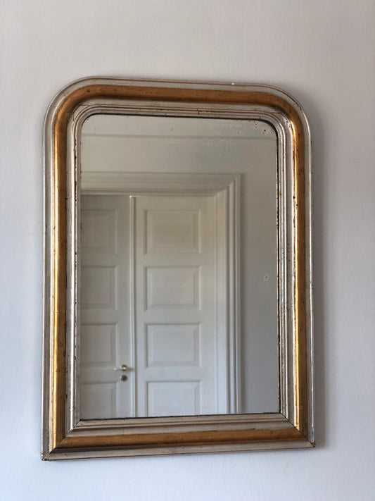 Large Antique Louis Philippe French Giltwood Mirror in Silver and Gold, Late 19th Century