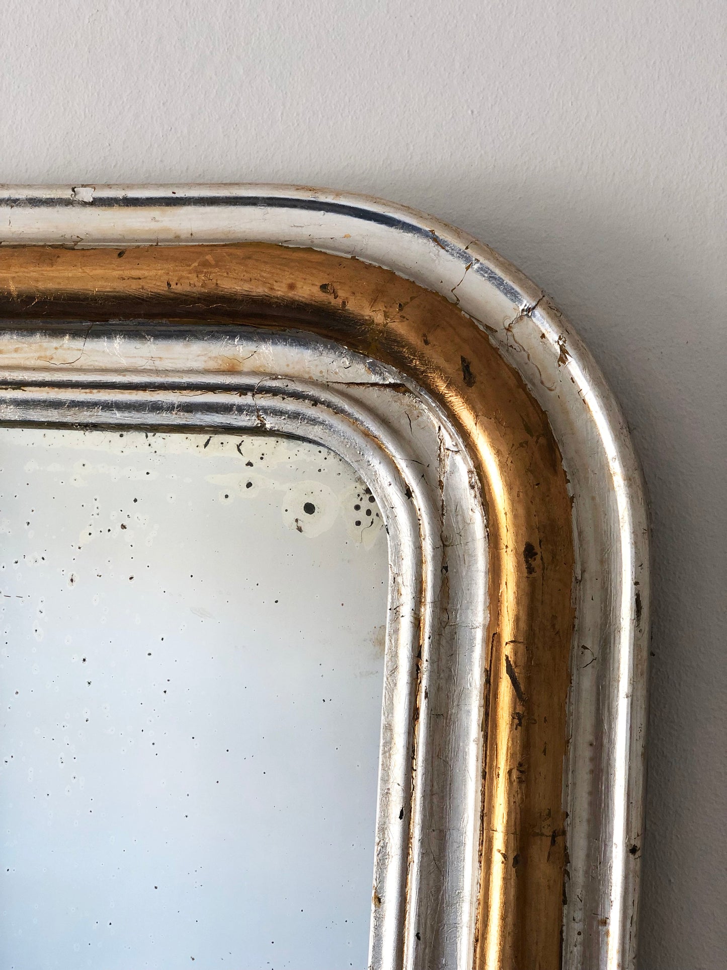 Large Antique Louis Philippe French Giltwood Mirror in Silver and Gold, Late 19th Century