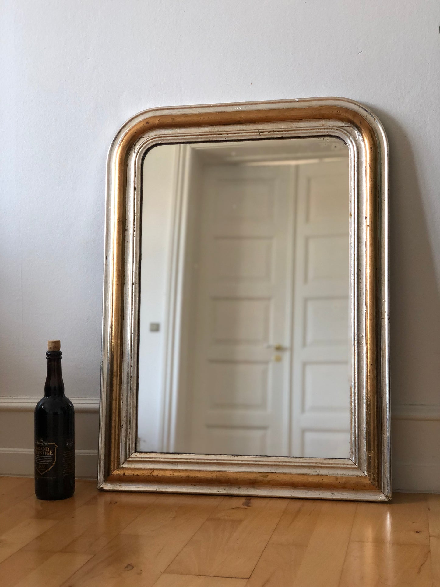 Large Antique Louis Philippe French Giltwood Mirror in Silver and Gold, Late 19th Century