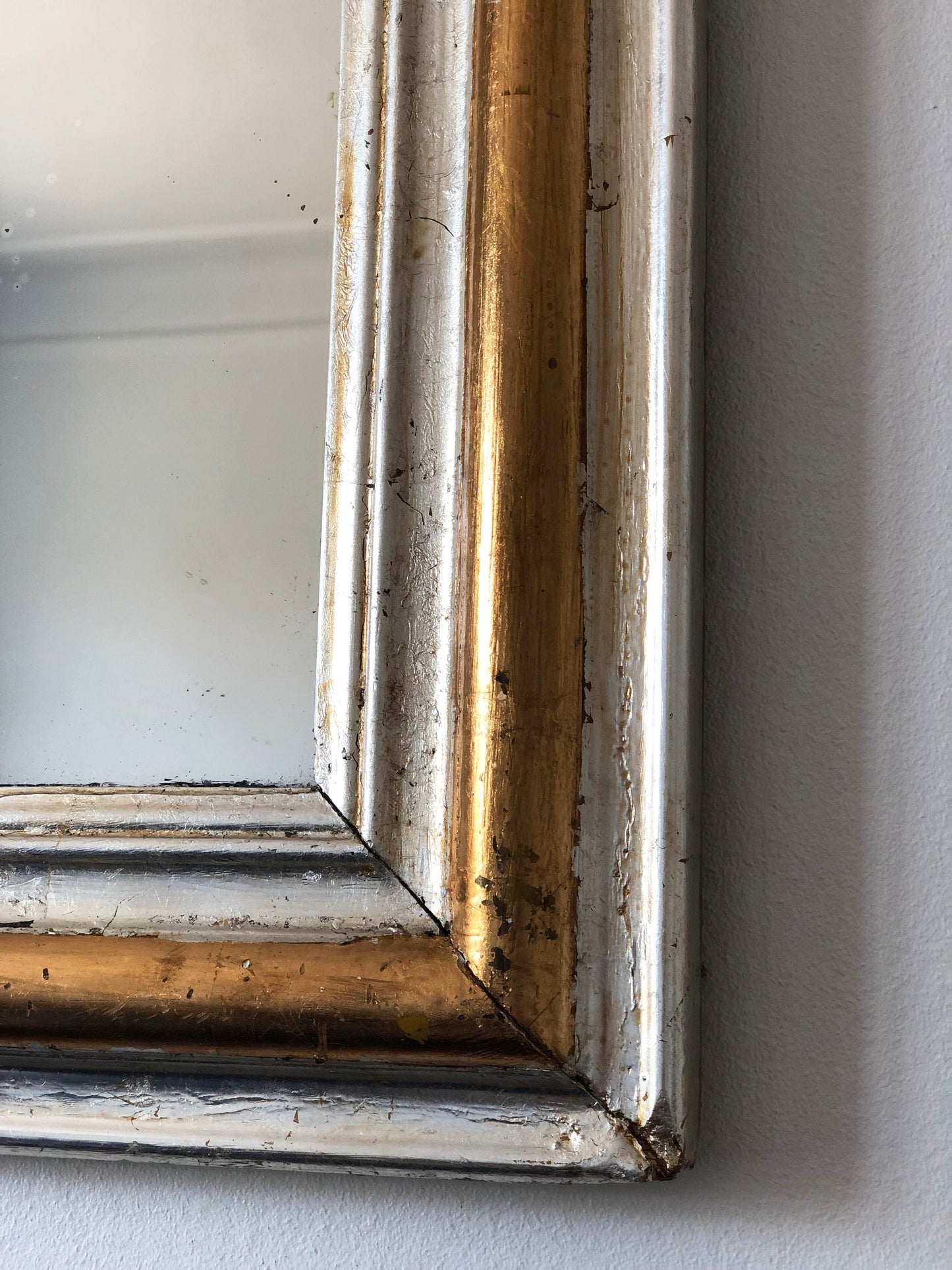 Large Antique Louis Philippe French Giltwood Mirror in Silver and Gold, Late 19th Century