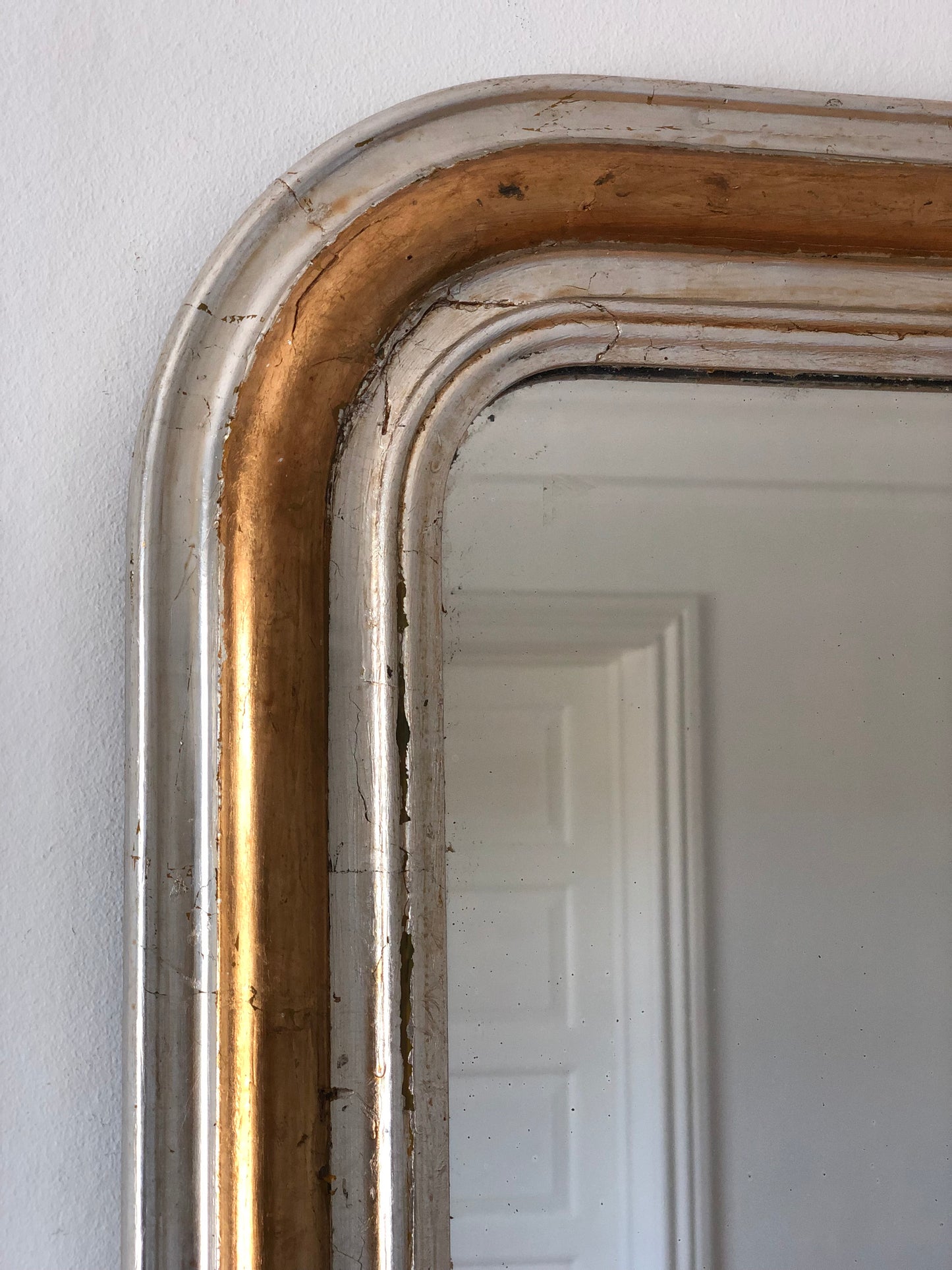 Large Antique Louis Philippe French Giltwood Mirror in Silver and Gold, Late 19th Century