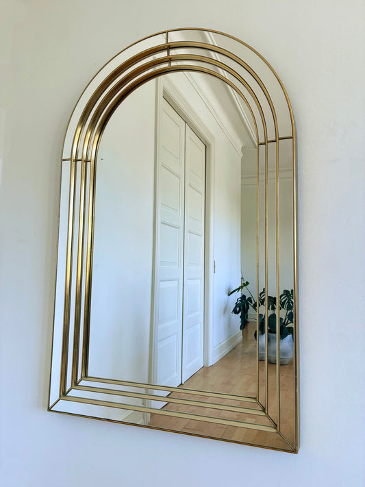 Large Vintage Deknudt Arched Beveled Panel Mirror – Gold, Belgium, 1980s