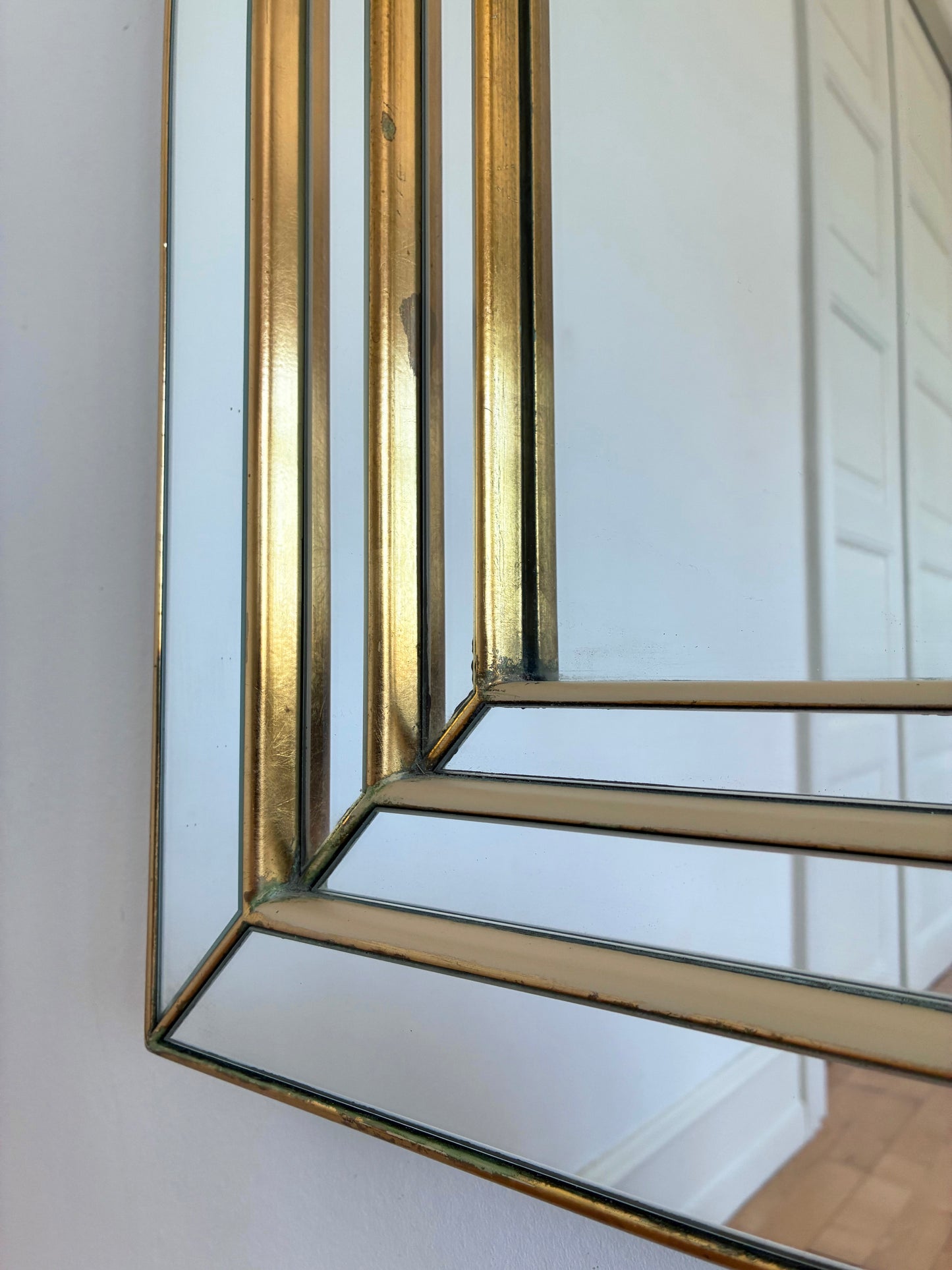 Large Vintage Deknudt Arched Beveled Panel Mirror – Gold, Belgium, 1980s