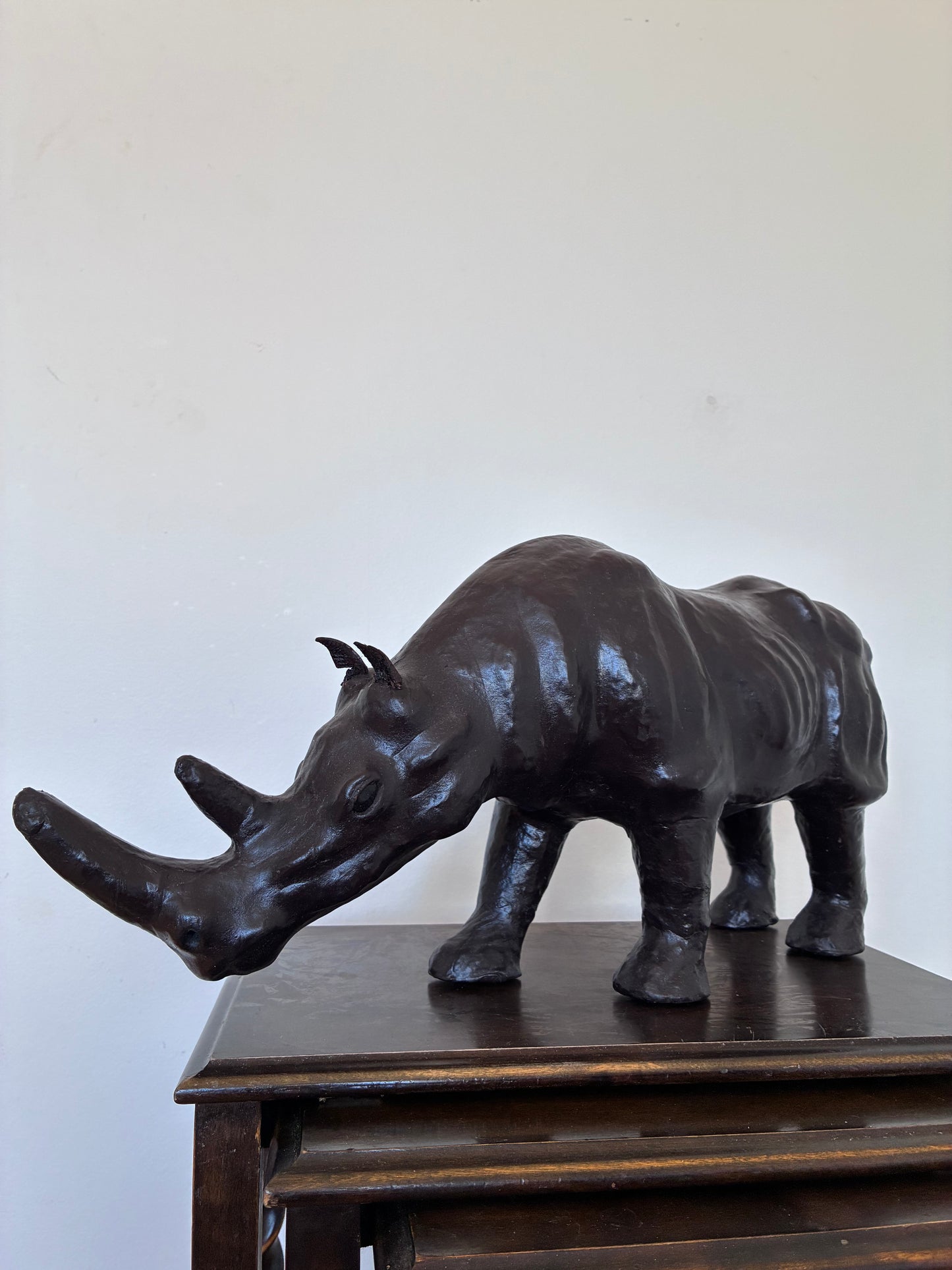 Large Vintage Handcrafted Leather Rhinoceros Statue