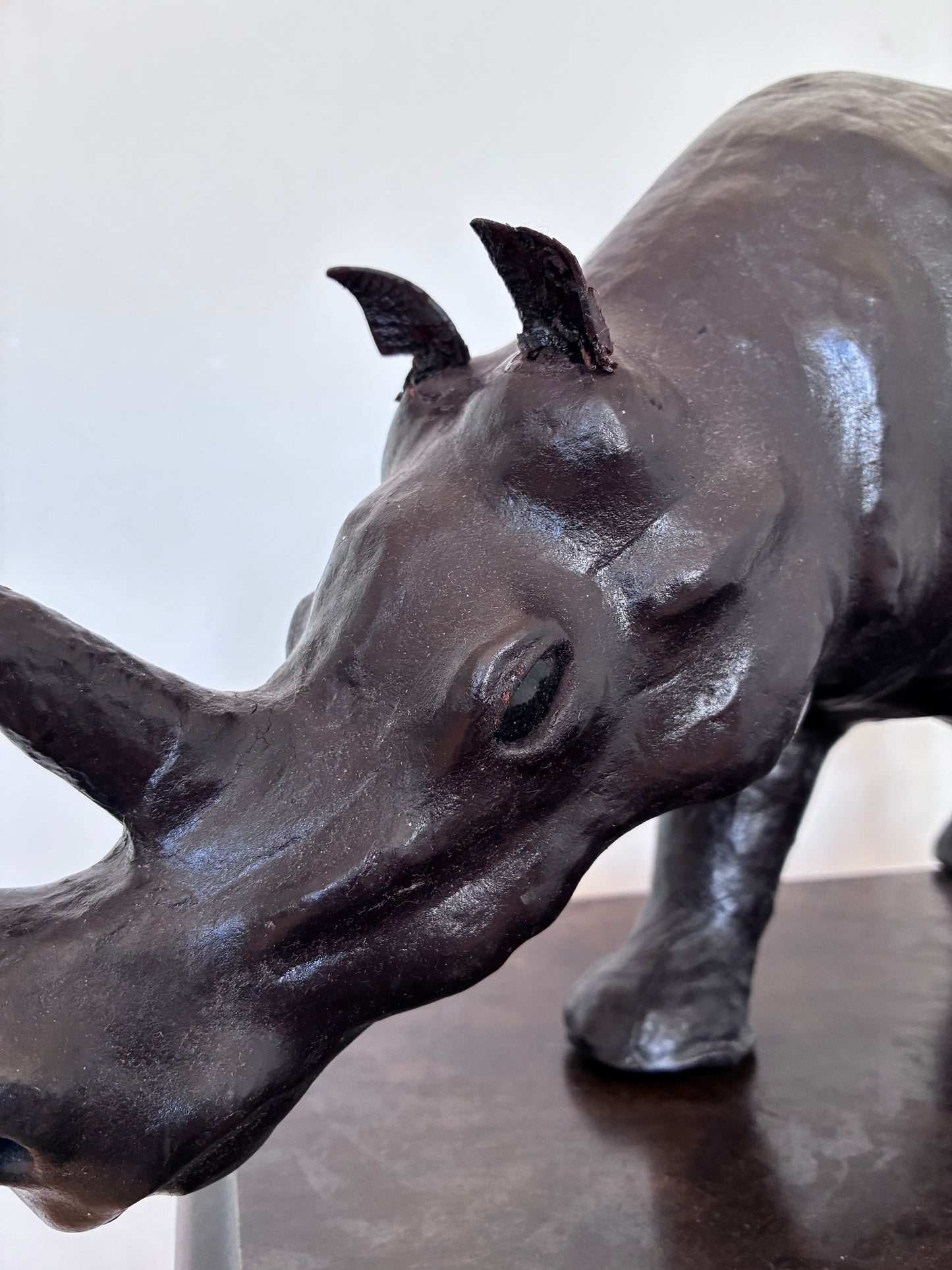 Large Vintage Handcrafted Leather Rhinoceros Statue