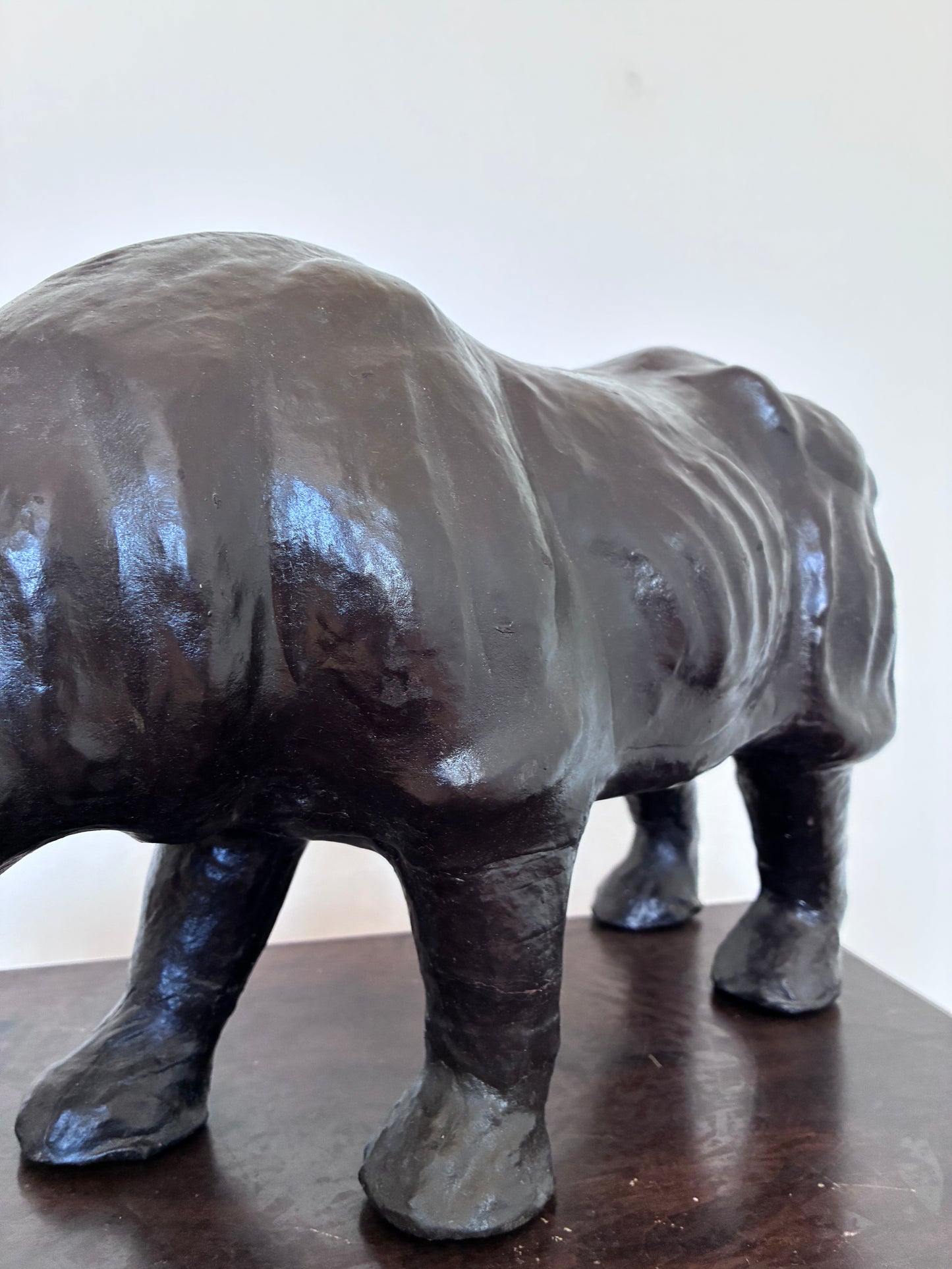Large Vintage Handcrafted Leather Rhinoceros Statue