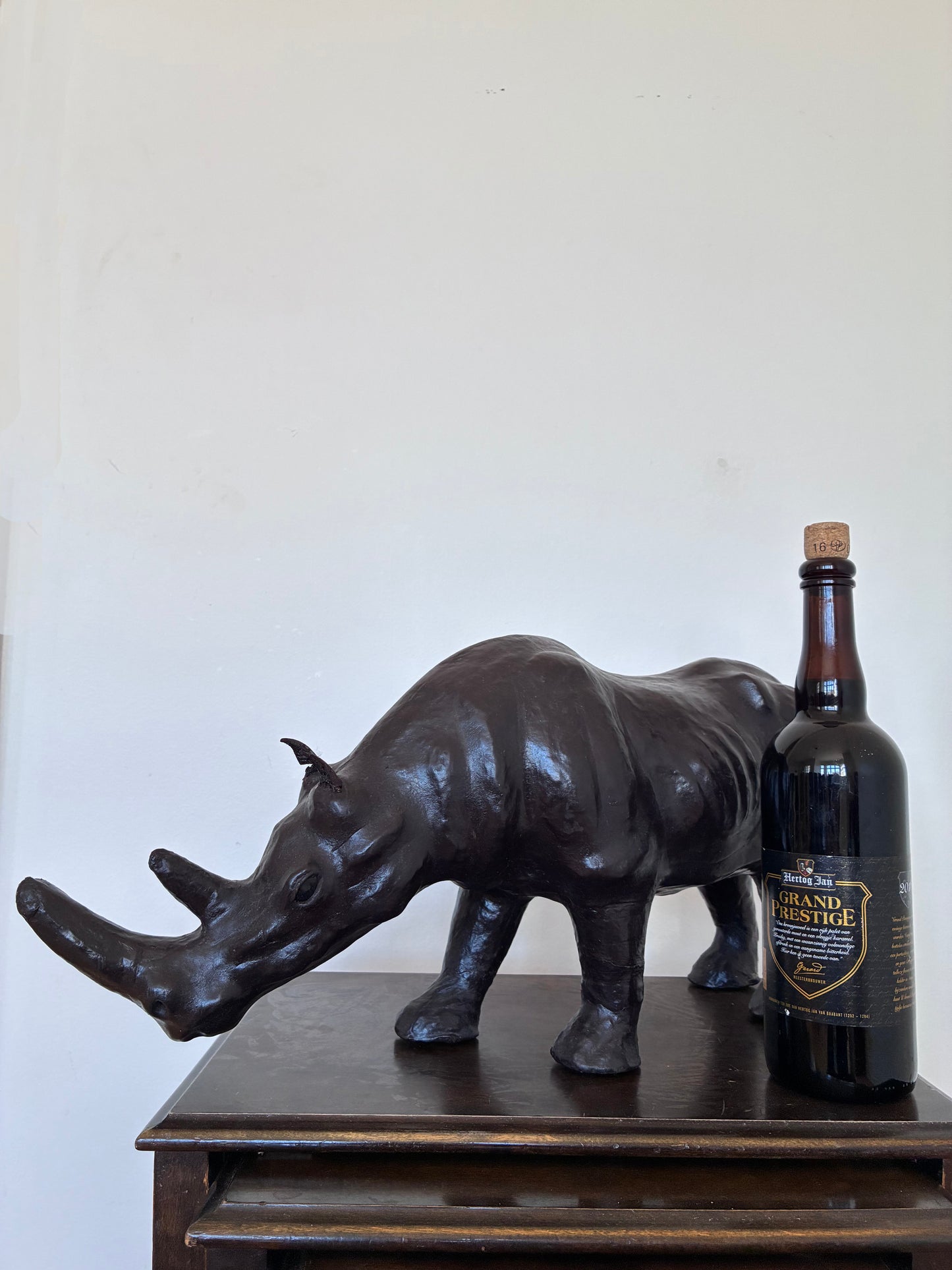Large Vintage Handcrafted Leather Rhinoceros Statue