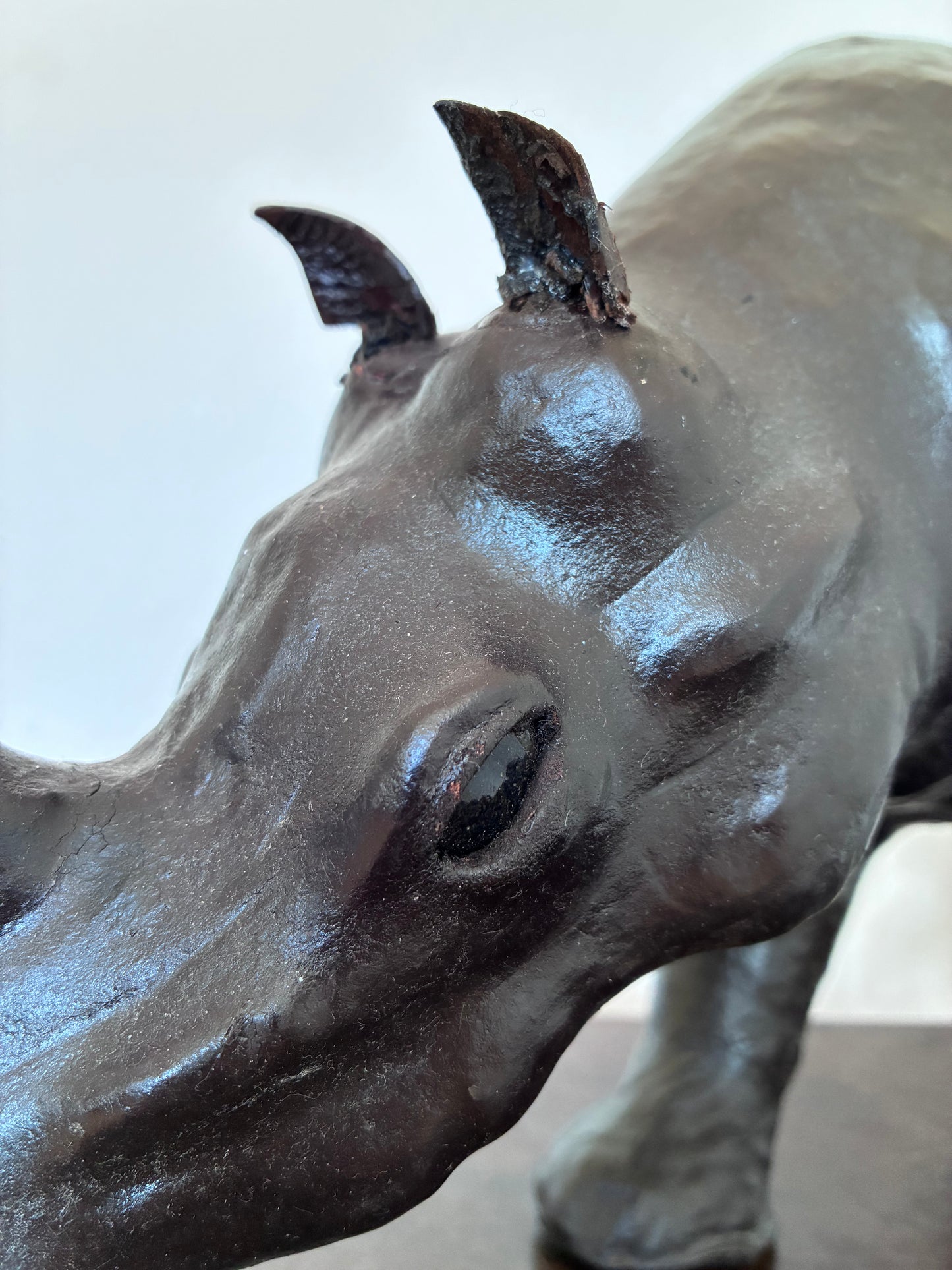 Large Vintage Handcrafted Leather Rhinoceros Statue