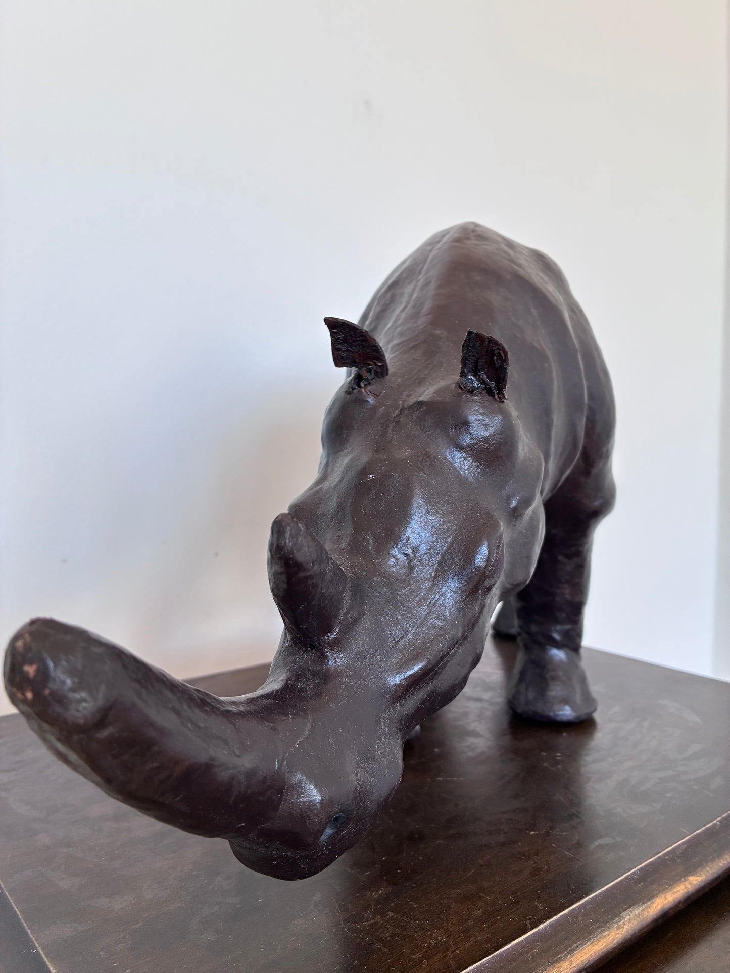 Large Vintage Handcrafted Leather Rhinoceros Statue