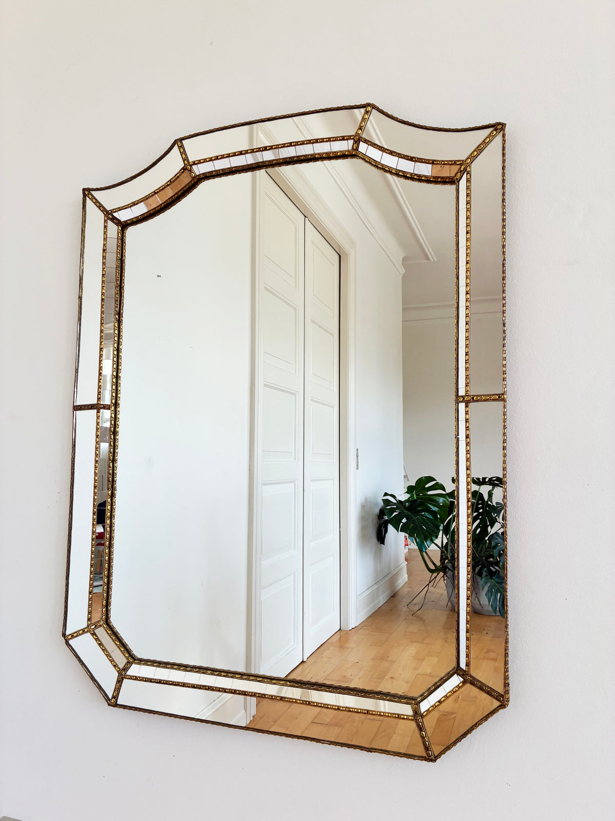 Large Vintage Spanish Venetian Style Rectangular Brass Wall Mirror – Gold Hollywood Regency,  1980s