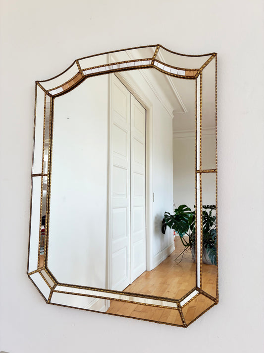 Large Vintage Spanish Venetian Style Rectangular Brass Wall Mirror – Gold Hollywood Regency,  1980s