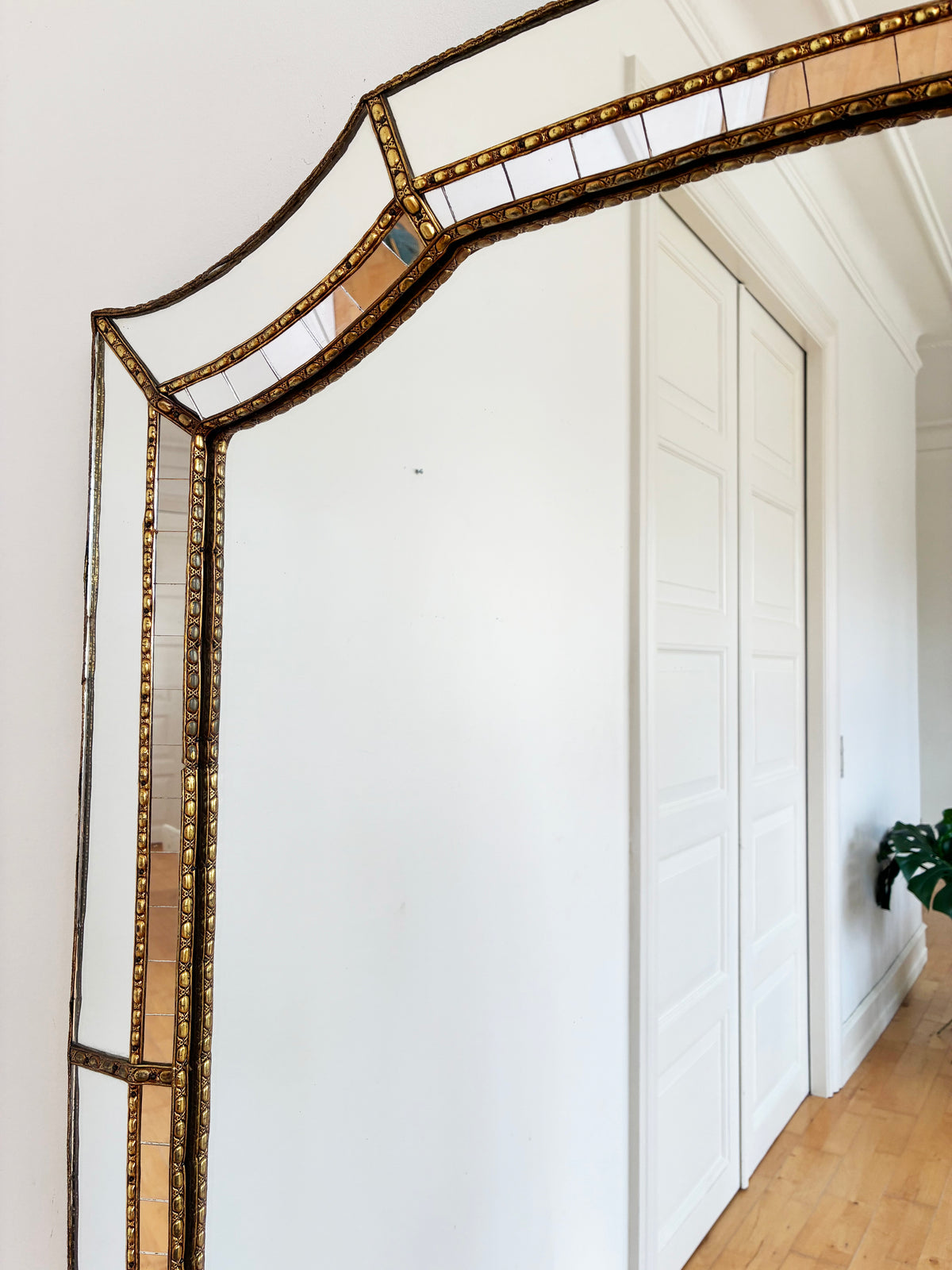 Large Vintage Spanish Venetian Style Rectangular Brass Wall Mirror – Gold Hollywood Regency,  1980s