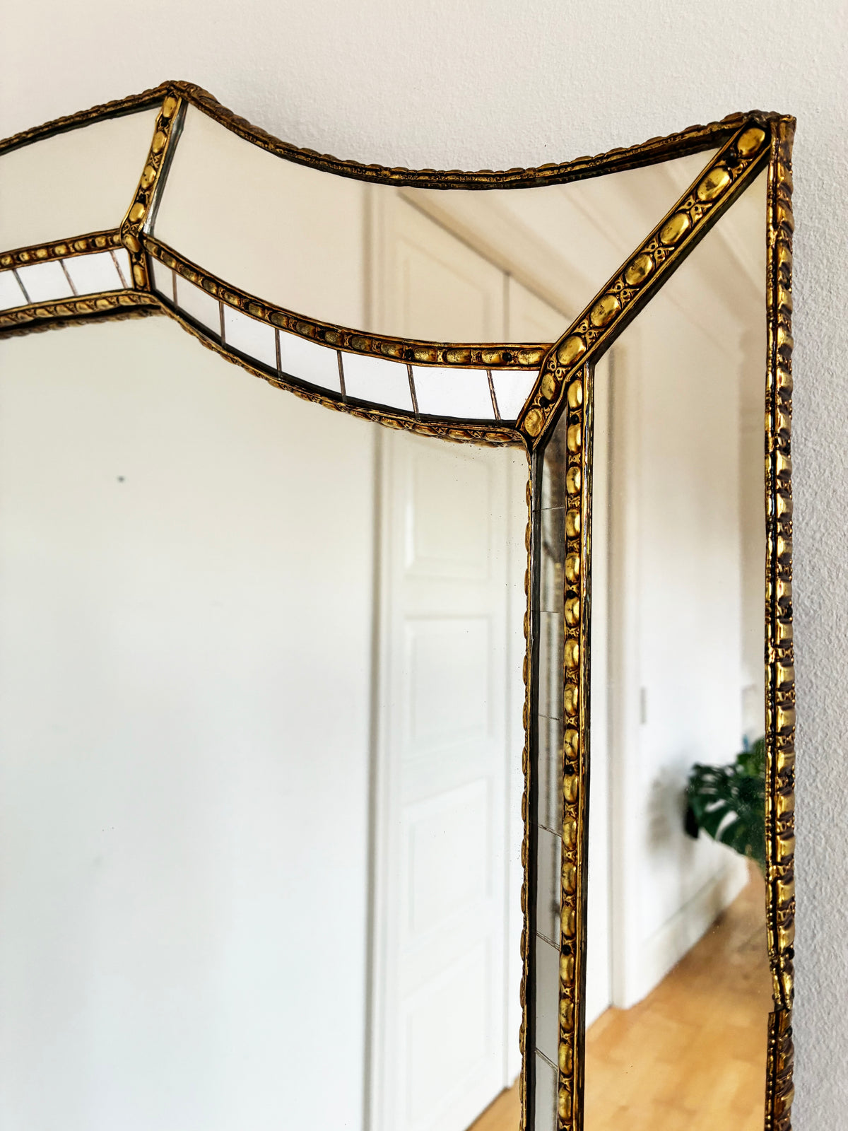 Large Vintage Spanish Venetian Style Rectangular Brass Wall Mirror – Gold Hollywood Regency,  1980s