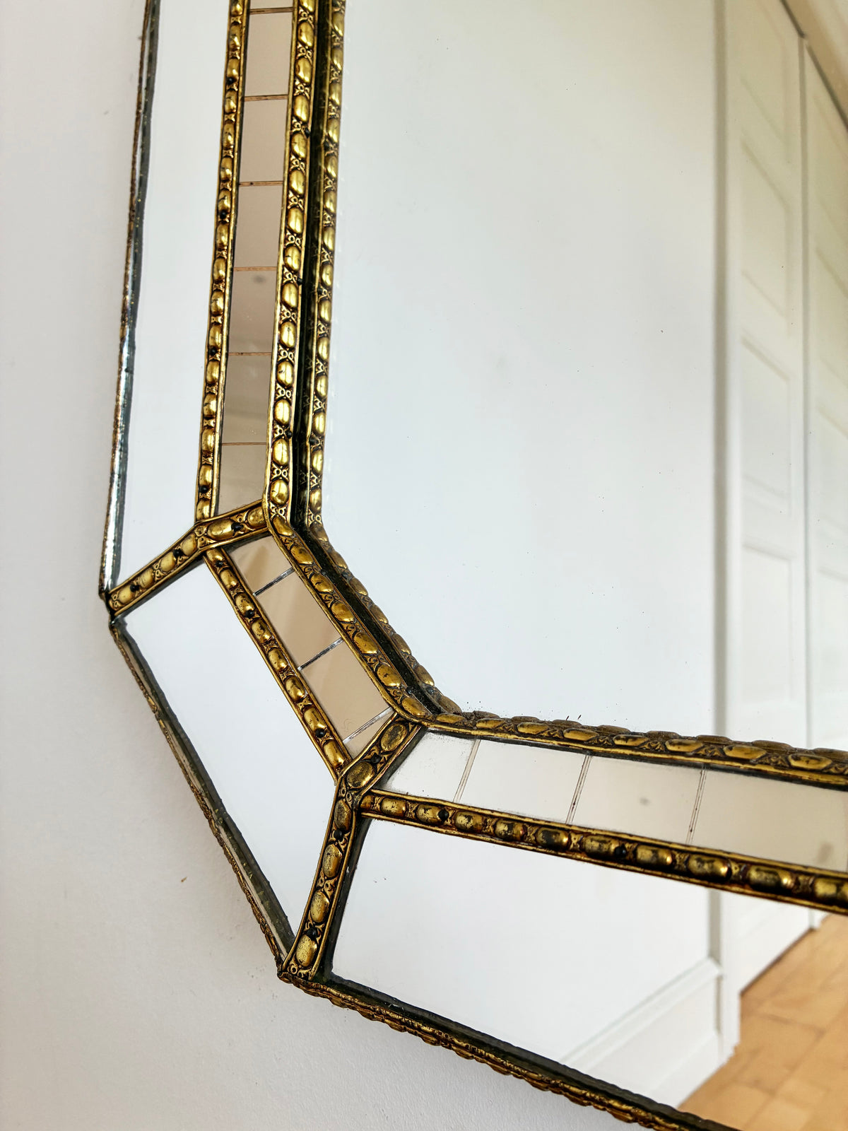 Large Vintage Spanish Venetian Style Rectangular Brass Wall Mirror – Gold Hollywood Regency,  1980s