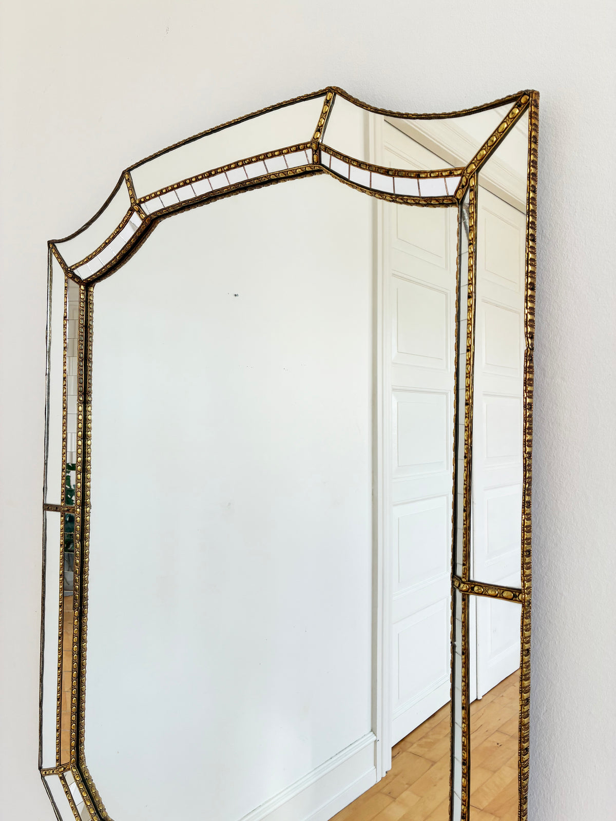 Large Vintage Spanish Venetian Style Rectangular Brass Wall Mirror – Gold Hollywood Regency,  1980s