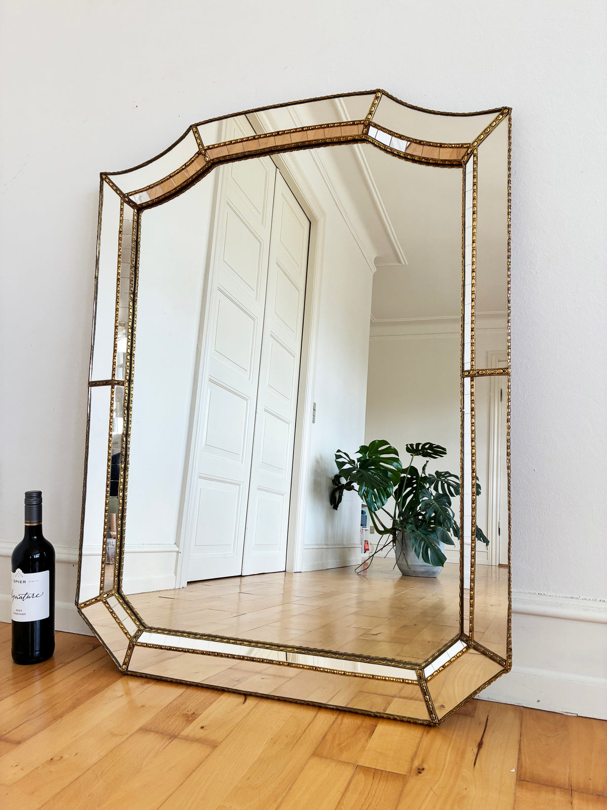 Large Vintage Spanish Venetian Style Rectangular Brass Wall Mirror – Gold Hollywood Regency,  1980s