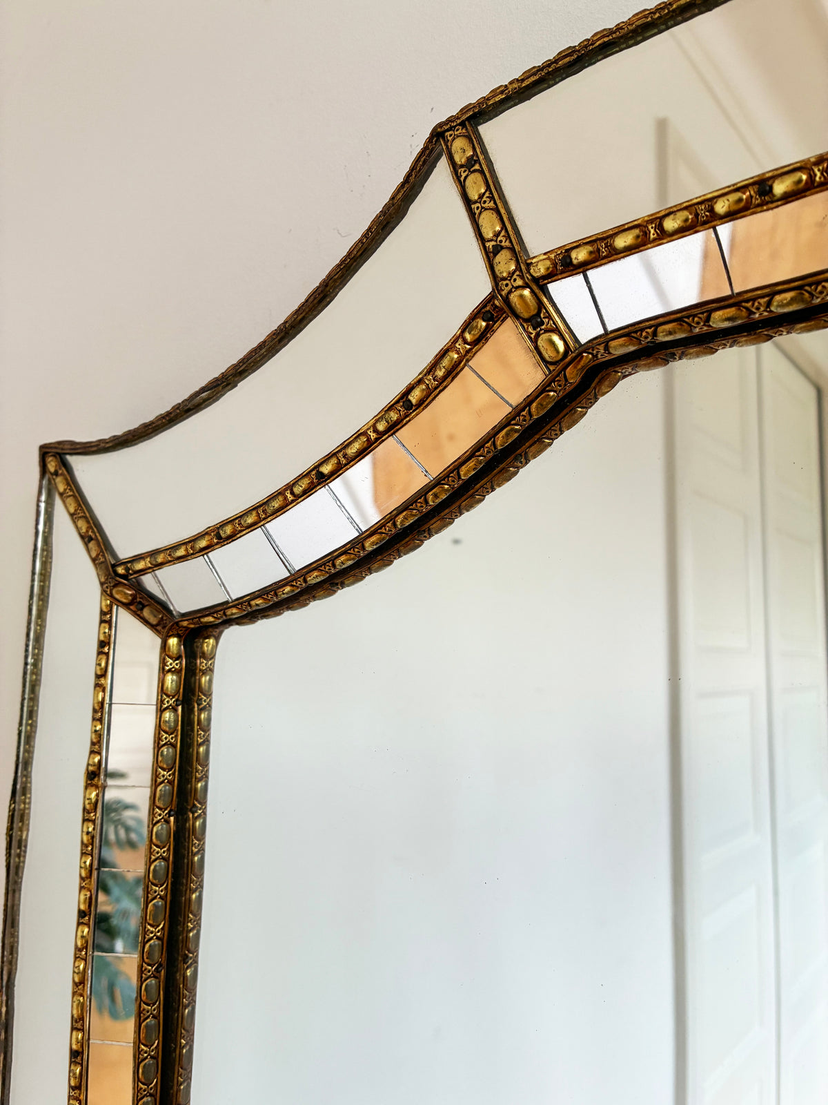 Large Vintage Spanish Venetian Style Rectangular Brass Wall Mirror – Gold Hollywood Regency,  1980s