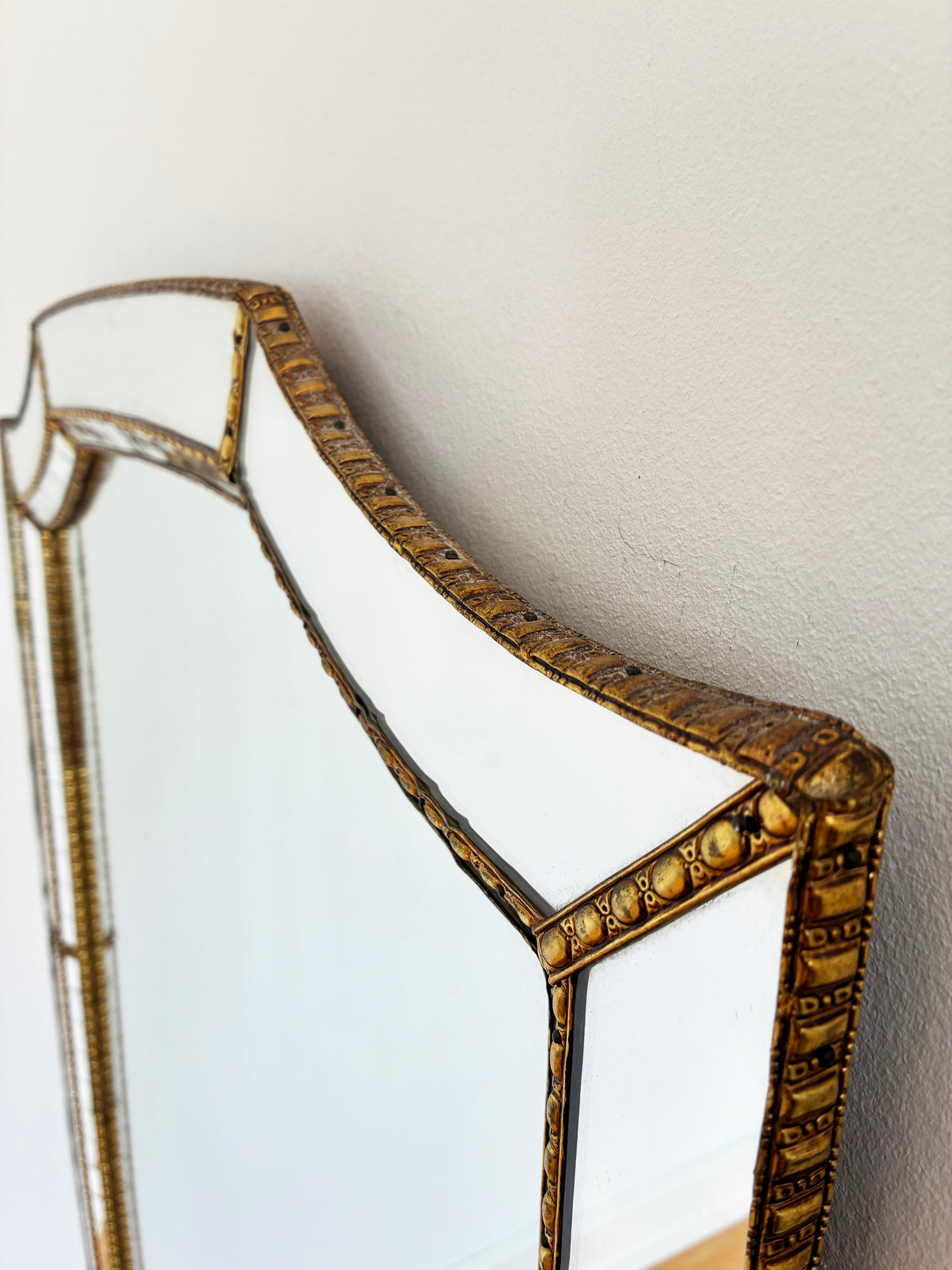 Large Vintage Spanish Venetian Style Rectangular Brass Wall Mirror – Gold Hollywood Regency,  1980s