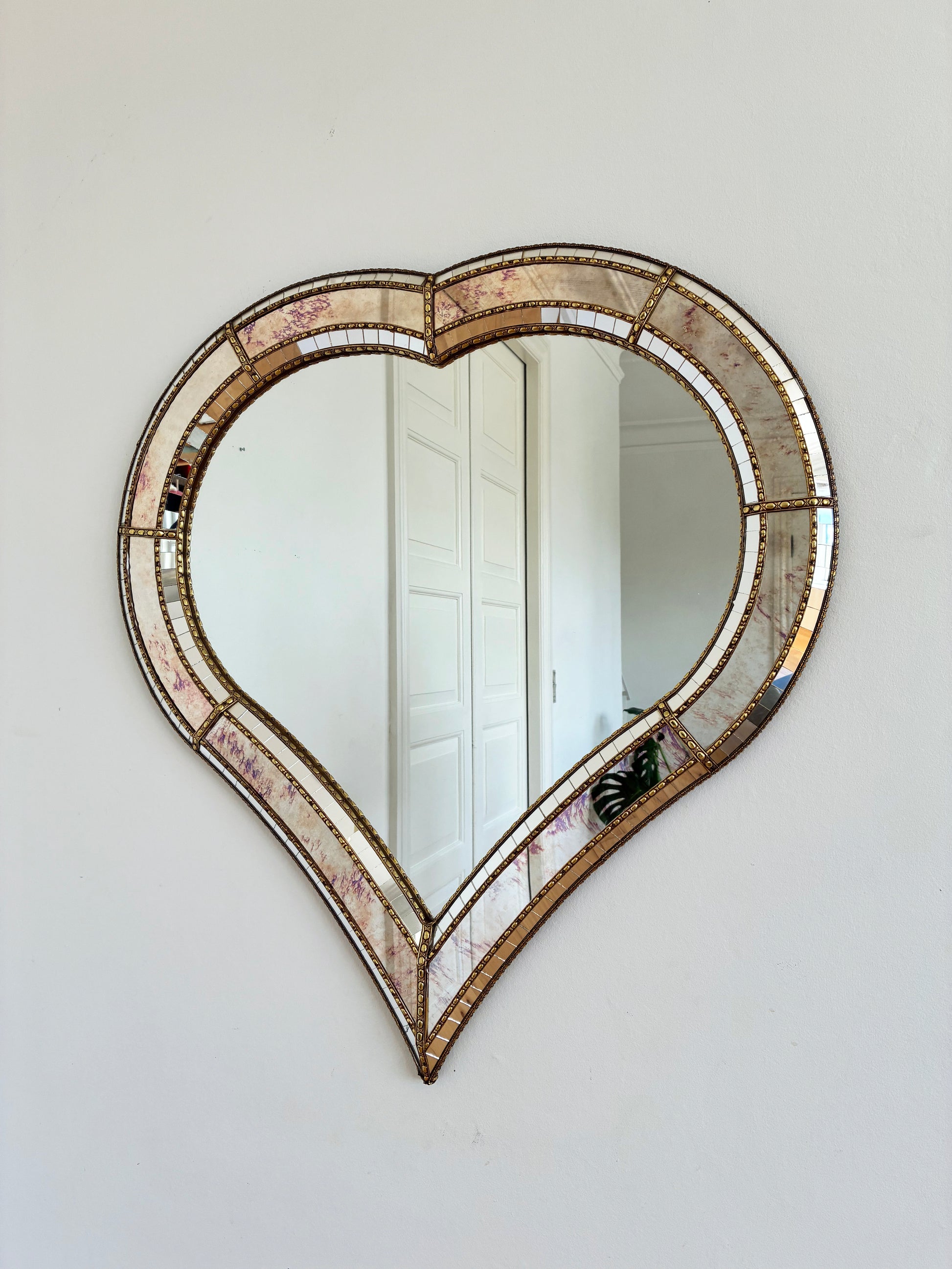 Large Vintage Spanish Venetian-Style Wall Mirror, Brass, 1980s Hollywood Regency