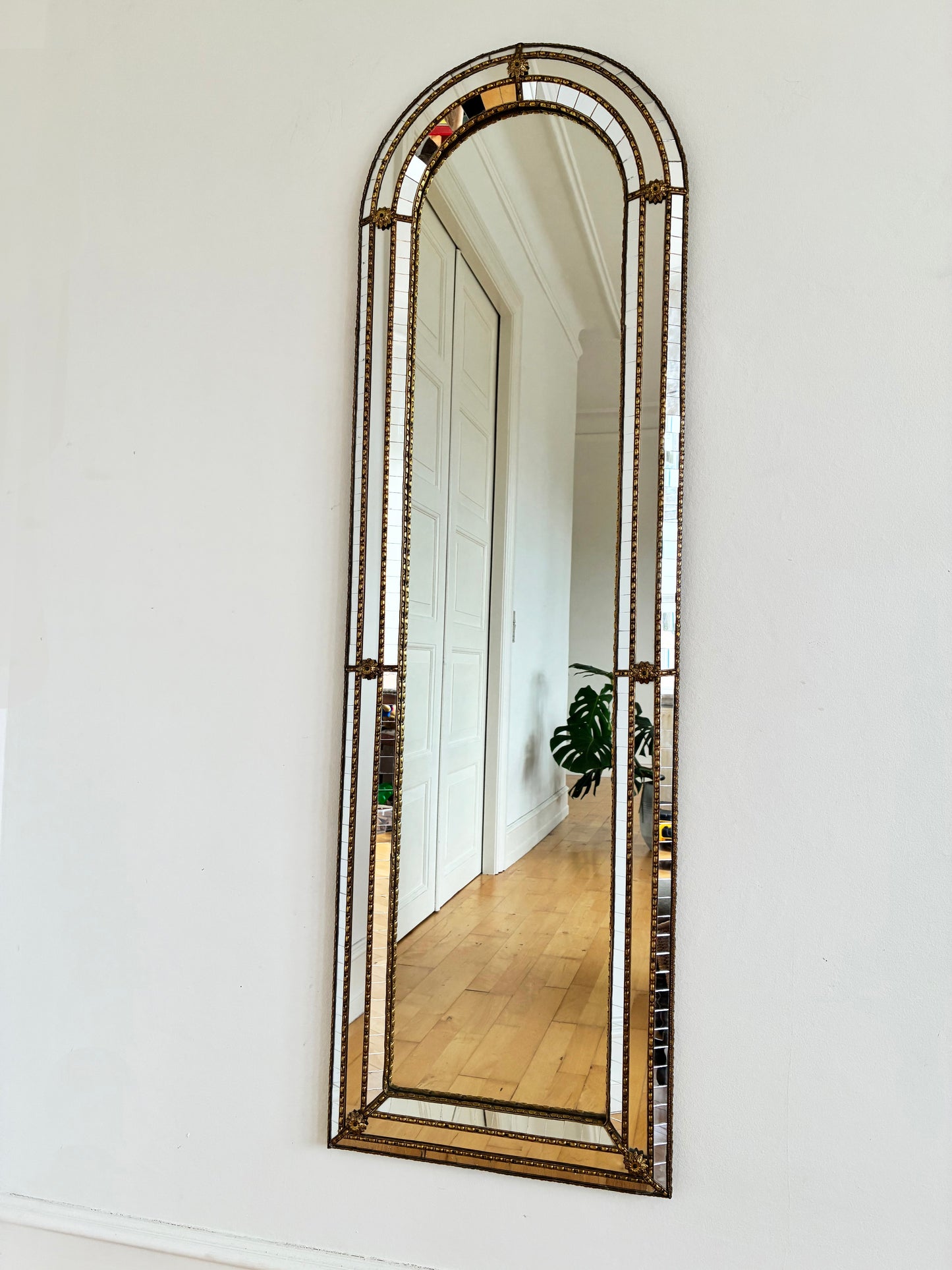 Large Vintage Spanish Venetian-Style Wall Mirror, Full Length Brass, 1980s Hollywood Regency