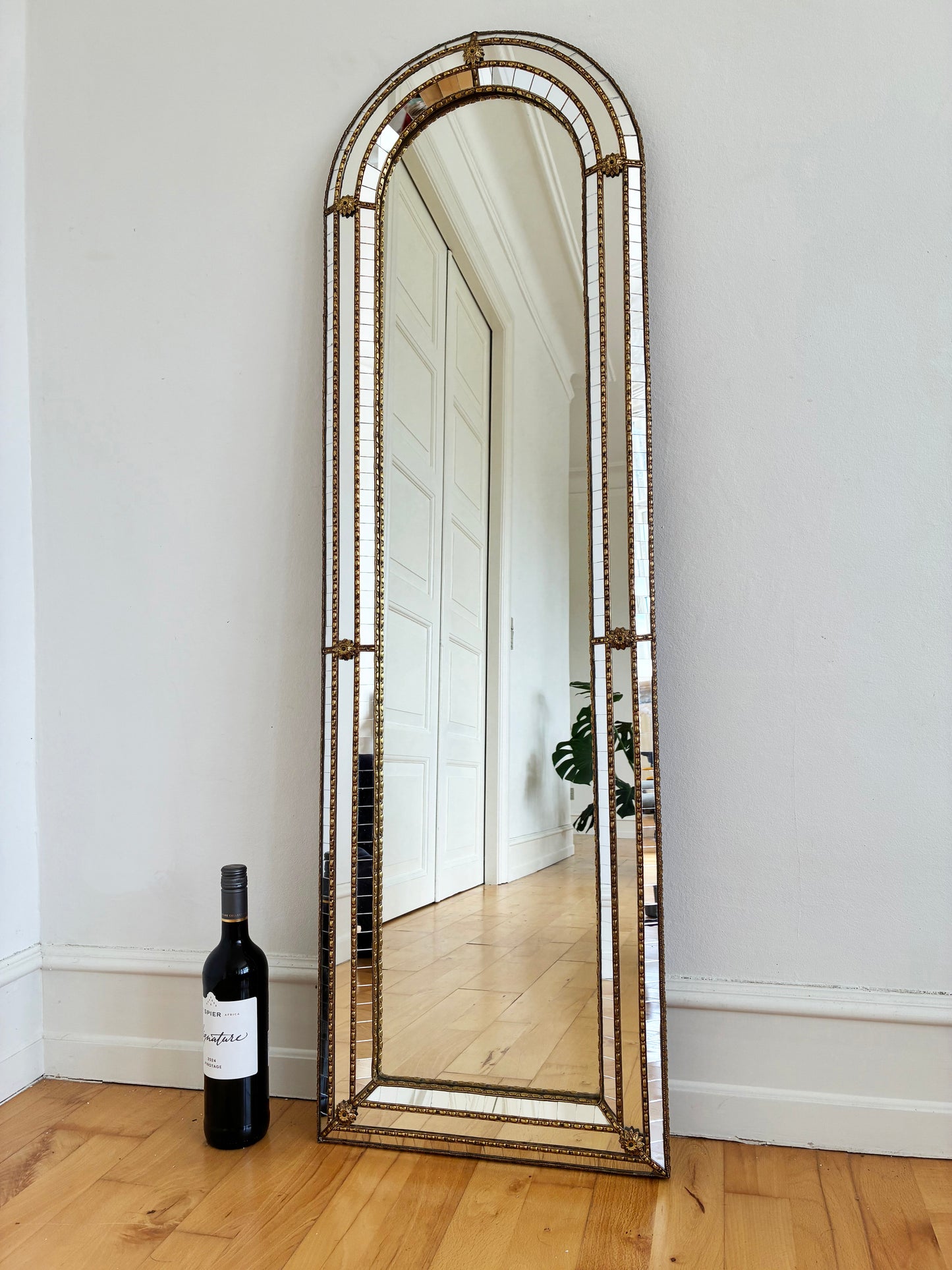 Large Vintage Spanish Venetian-Style Wall Mirror, Full Length Brass, 1980s Hollywood Regency