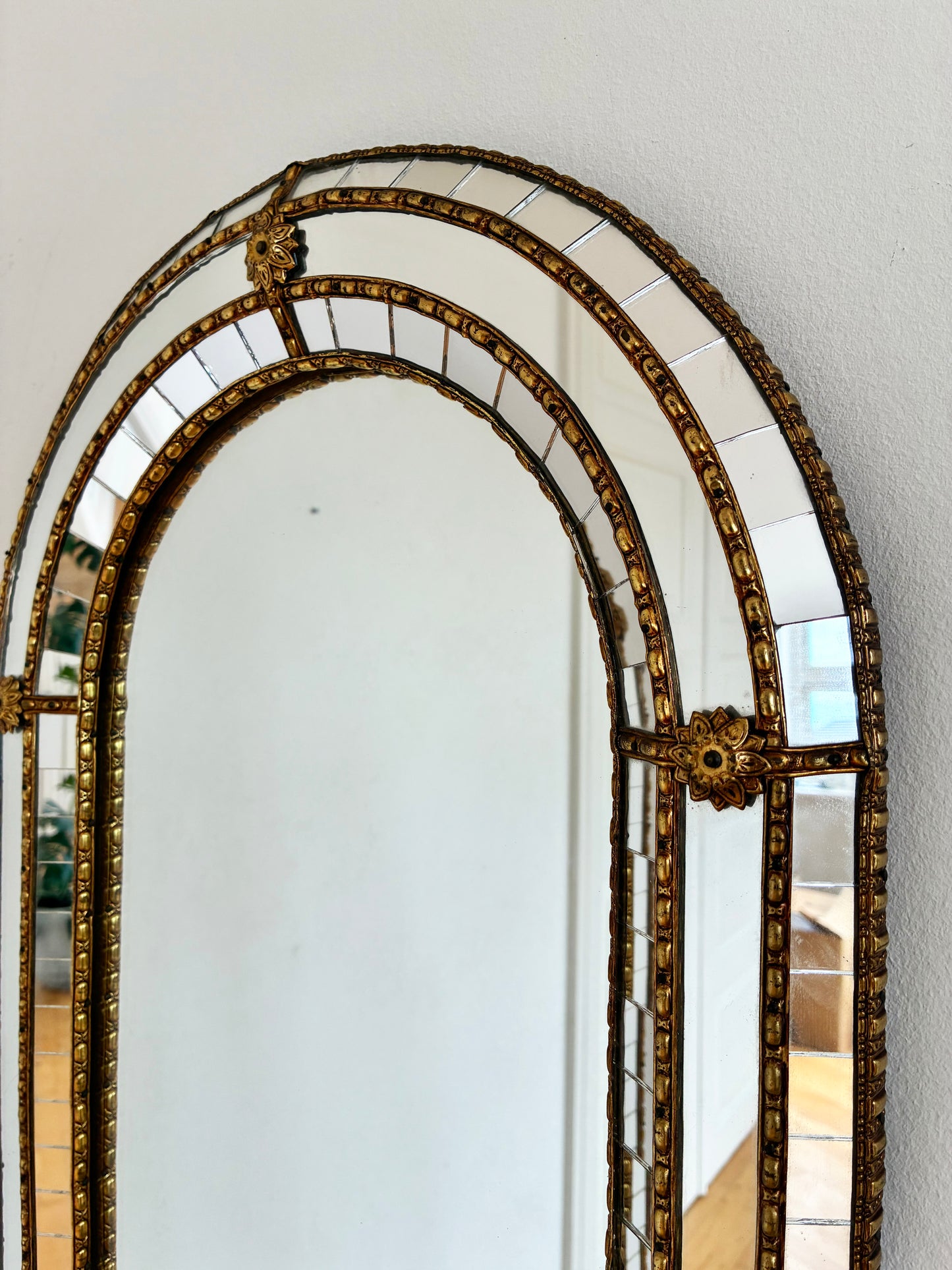 Large Vintage Spanish Venetian-Style Wall Mirror, Full Length Brass, 1980s Hollywood Regency