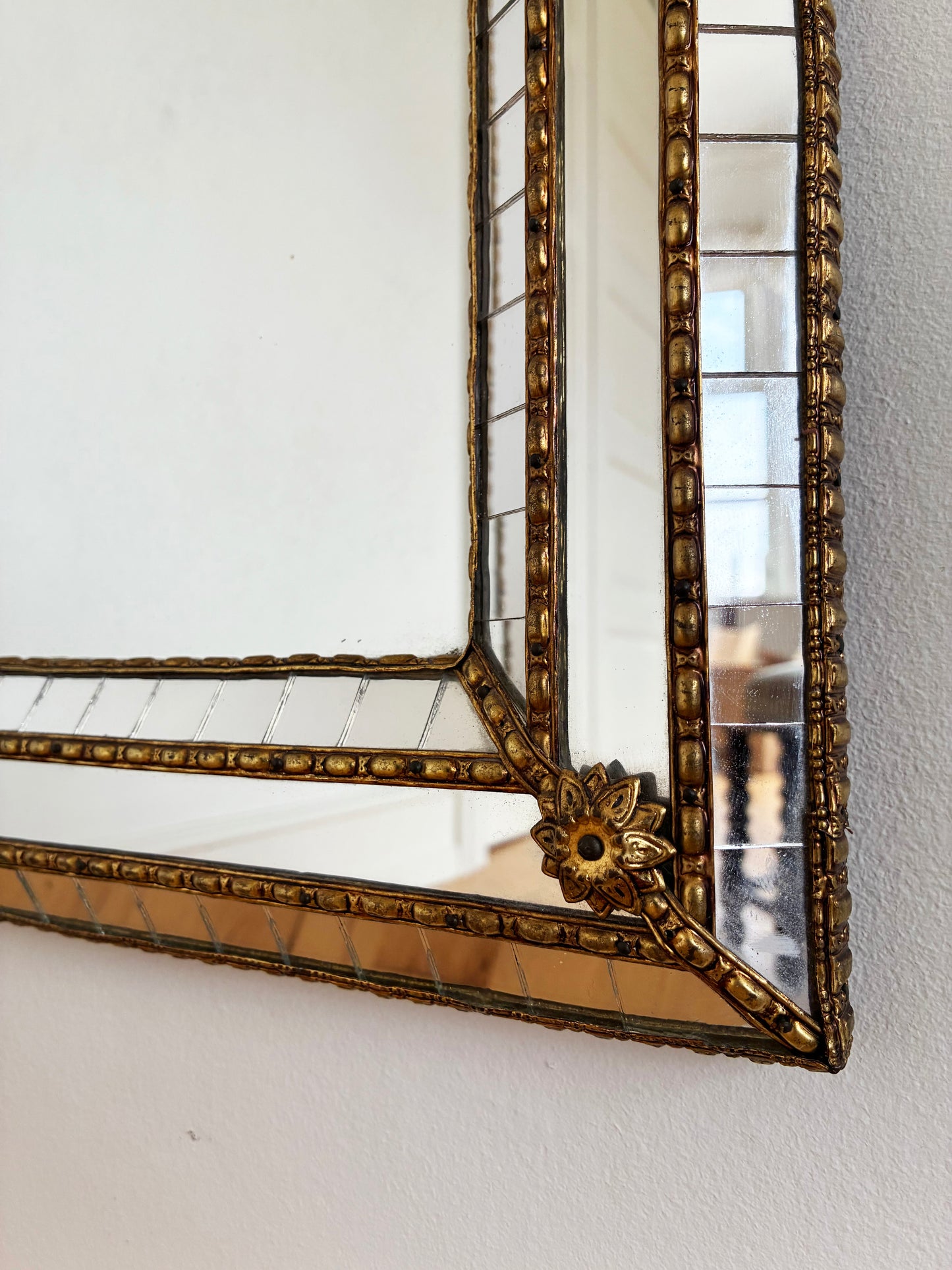 Large Vintage Spanish Venetian-Style Wall Mirror, Full Length Brass, 1980s Hollywood Regency