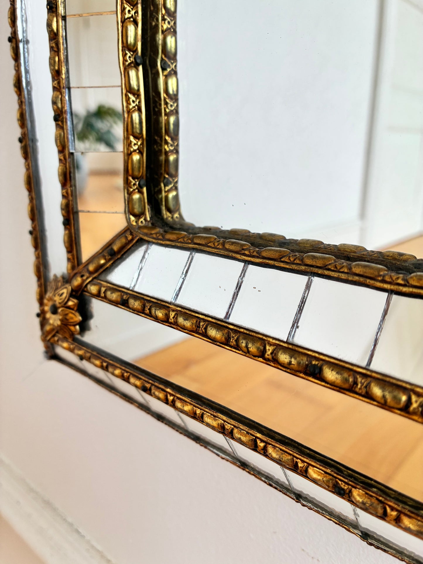Large Vintage Spanish Venetian-Style Wall Mirror, Full Length Brass, 1980s Hollywood Regency