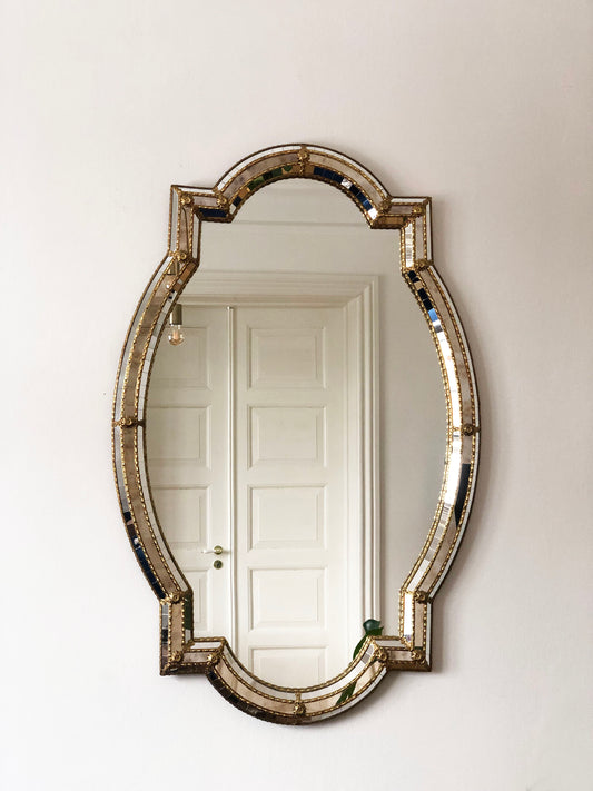 Large Vintage Venetian Brass Cartouche Mirror – Gold Hollywood Regency, Spanish 1980s